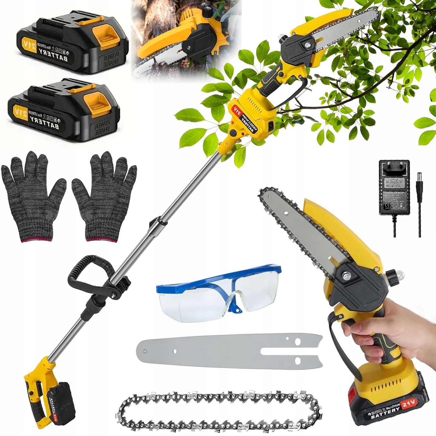 Teleskopická pila s akumulátorem 21 V pro dřevo a údržbu zelených ploch