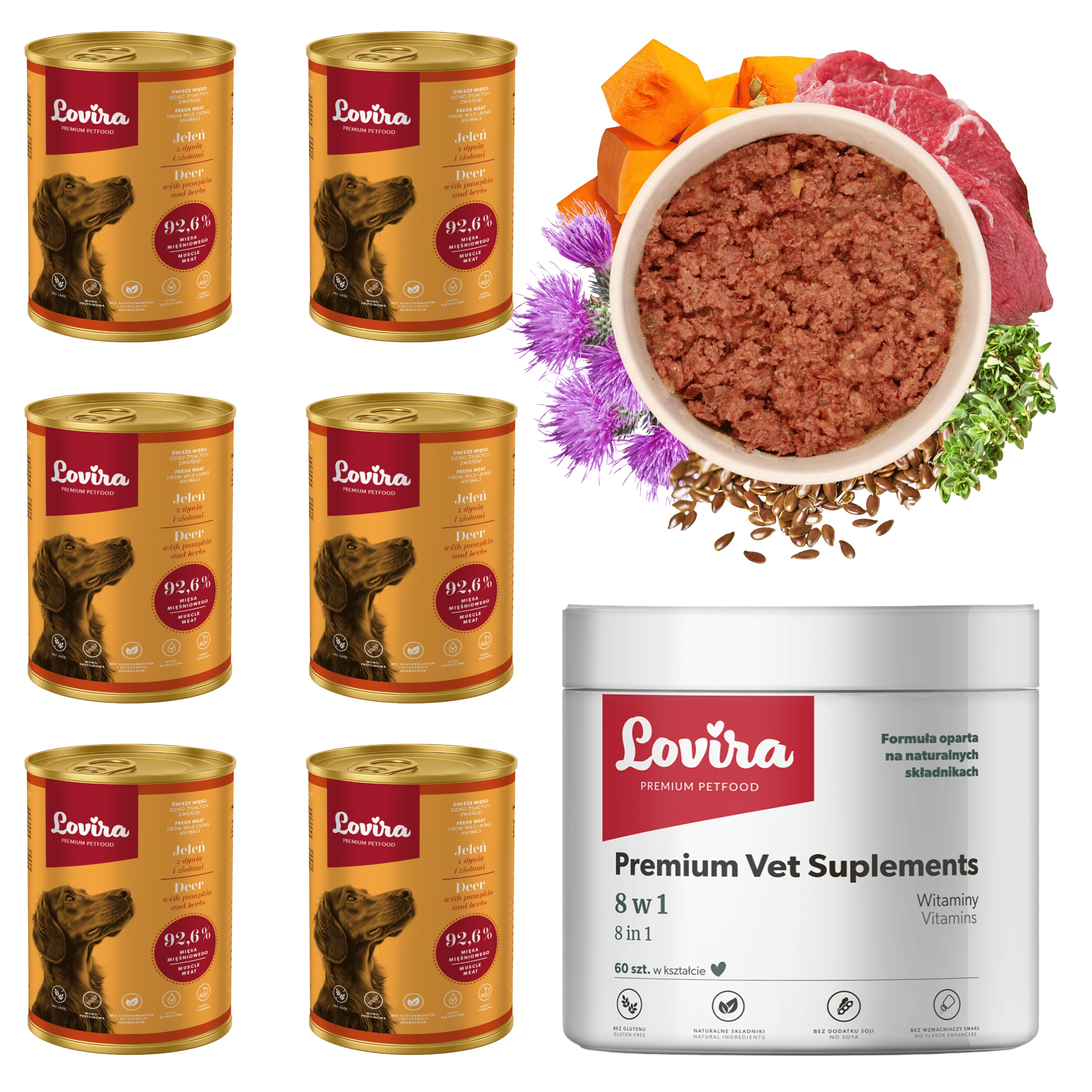 Levně 6x Krmivo Mokrý jelen 92,6+DÁREK Doplňky Pro Psa 8v1 komplex Vitamínů