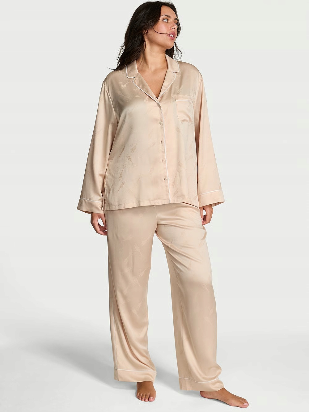 Dlouhé saténové pyžamo Victoria's Secret s lahvemi na šampaňské S (M) Regular