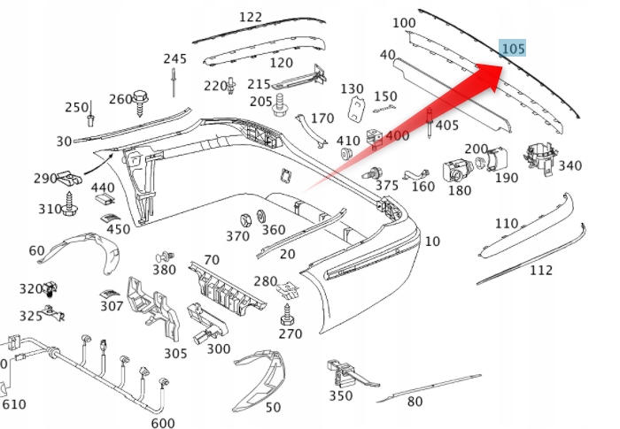 Chromovaná Lišta Zadního Středového Nárazníku Mercedes E W211