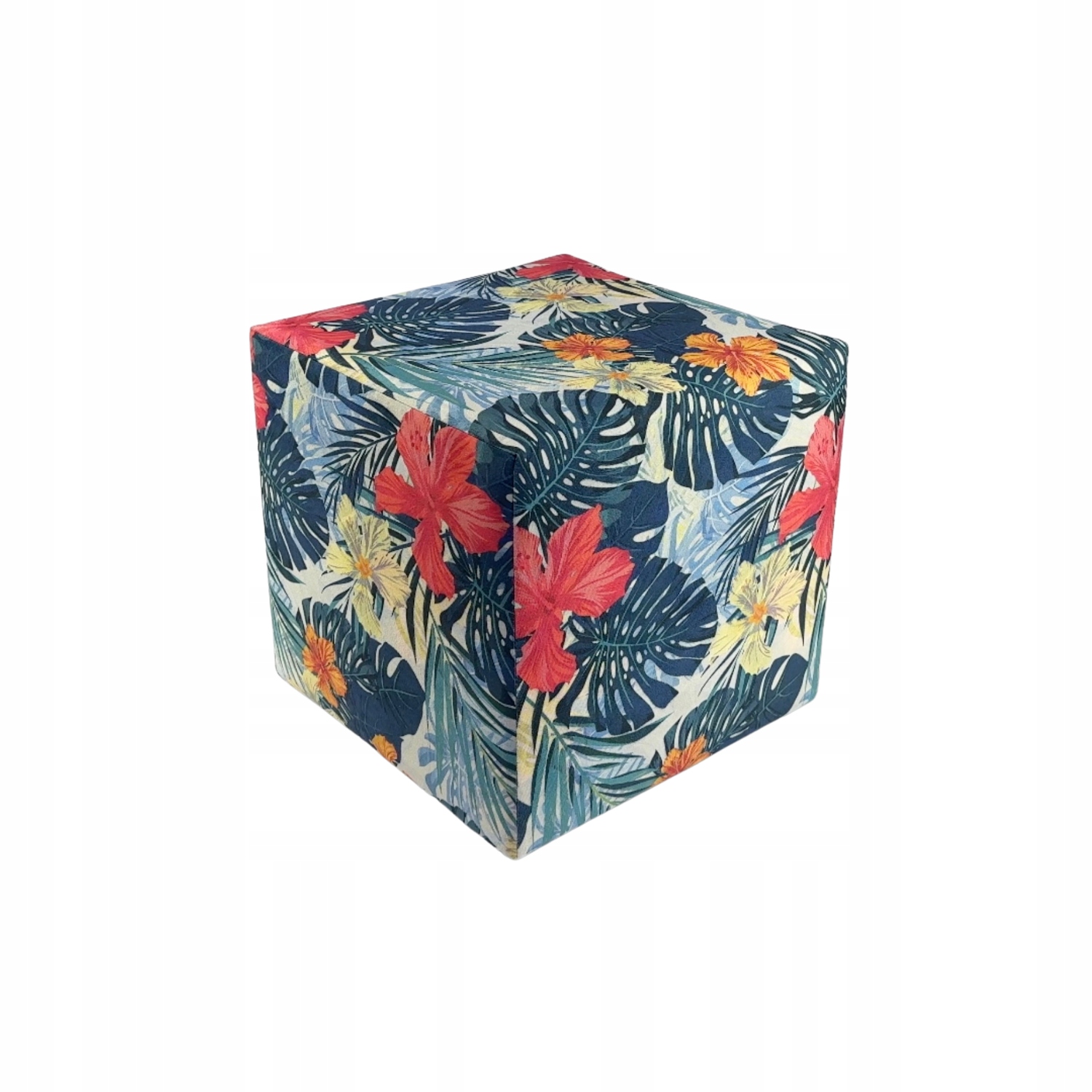 Taburet čtvercová, tropické květy, plyšový velur