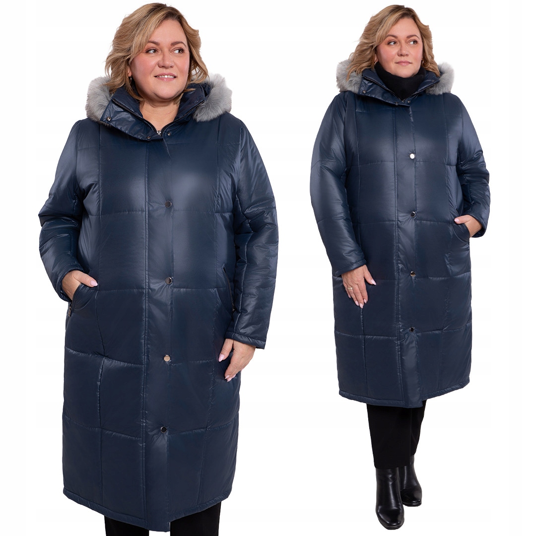 Tmavě modrá zateplená dlouhá bunda s kapucí plus size velikost 58