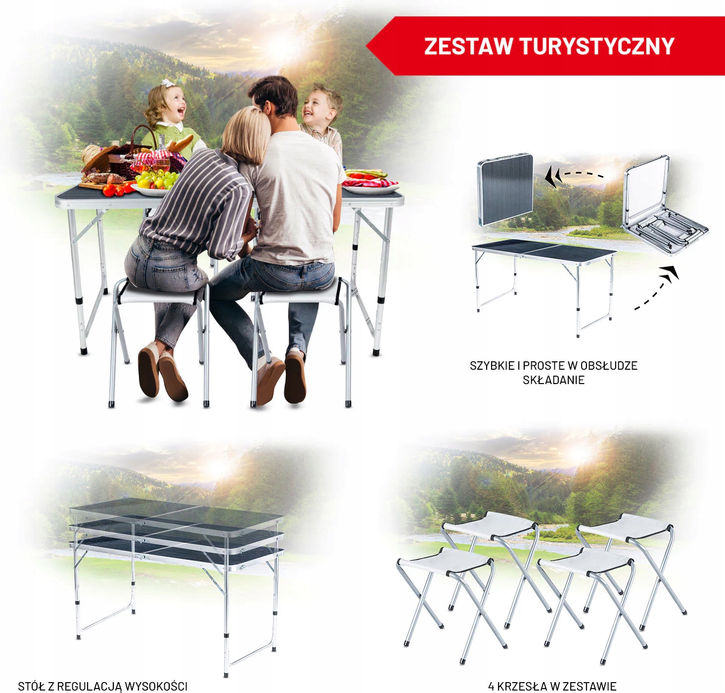 ZESTAW TURYSTYCZNY STÓŁ STOLIK SKŁADANY KEMPINGOWY 4 KRZESŁA SKŁADANE Kod producenta O-66052