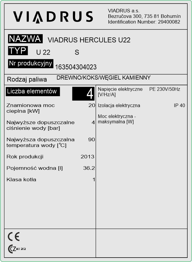Tabliczka znamionowa na kocioł piec WIADRUS