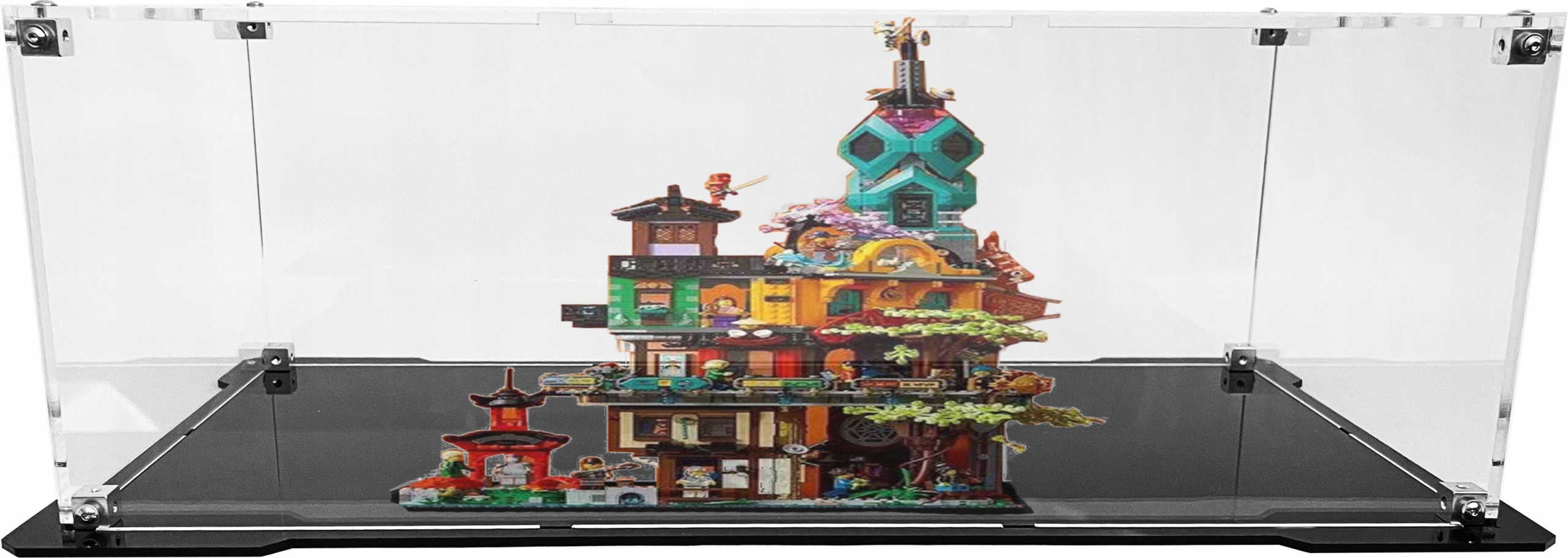 Vitrína s černou základnou pro stavebnici Lego 71741 Zahrady města Ninjago