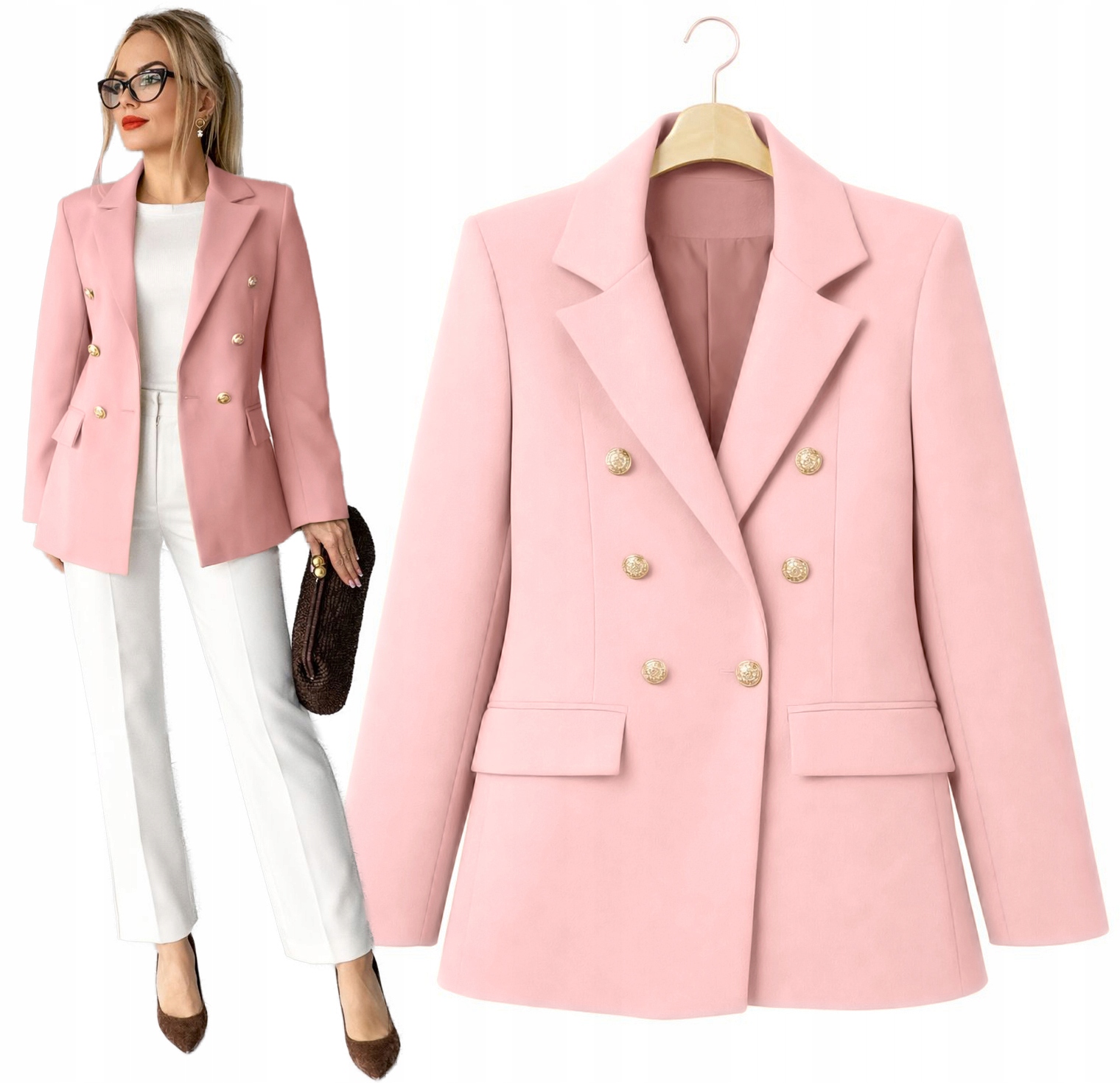 wizytowa Marynarka damska Żakiet dwurzędowe złote guziki Noelia