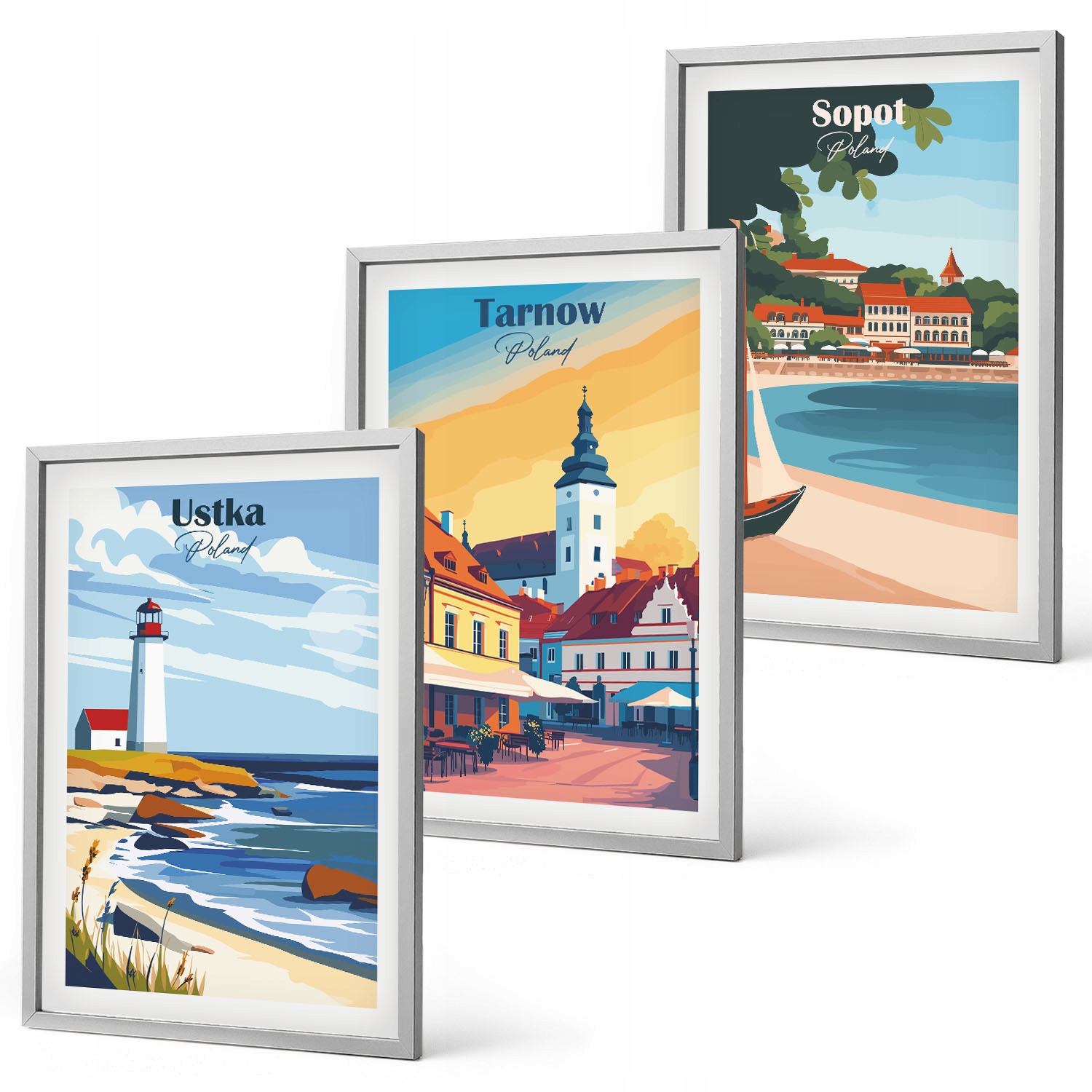 Nástěnný set obrazů Pohledy na města Polský Ustka Tarnów Sopot Stříbrný rám