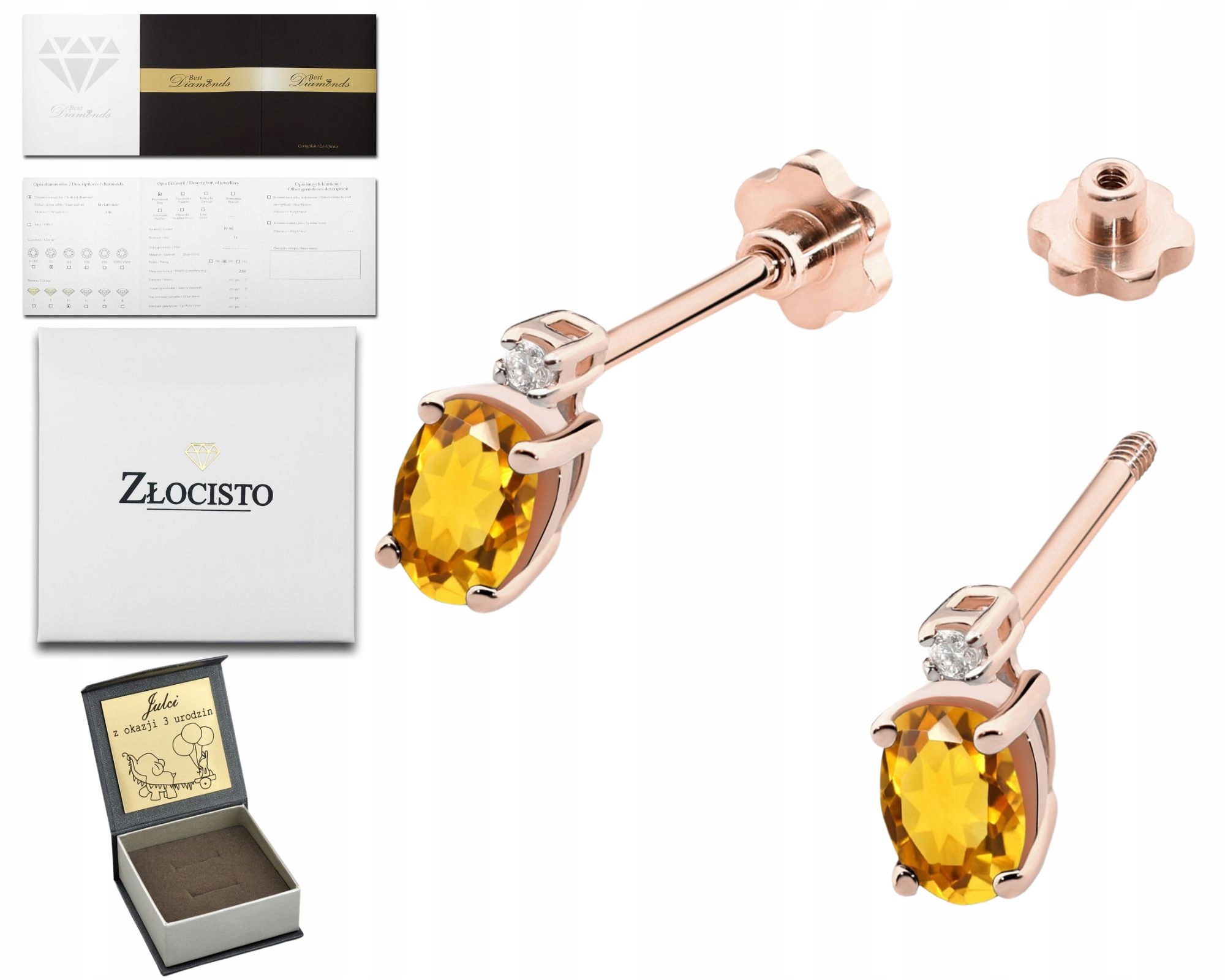 Růžové Zlato Náušnice Přírodní Citron A Diamanty Šroubovací Tyčinka 585