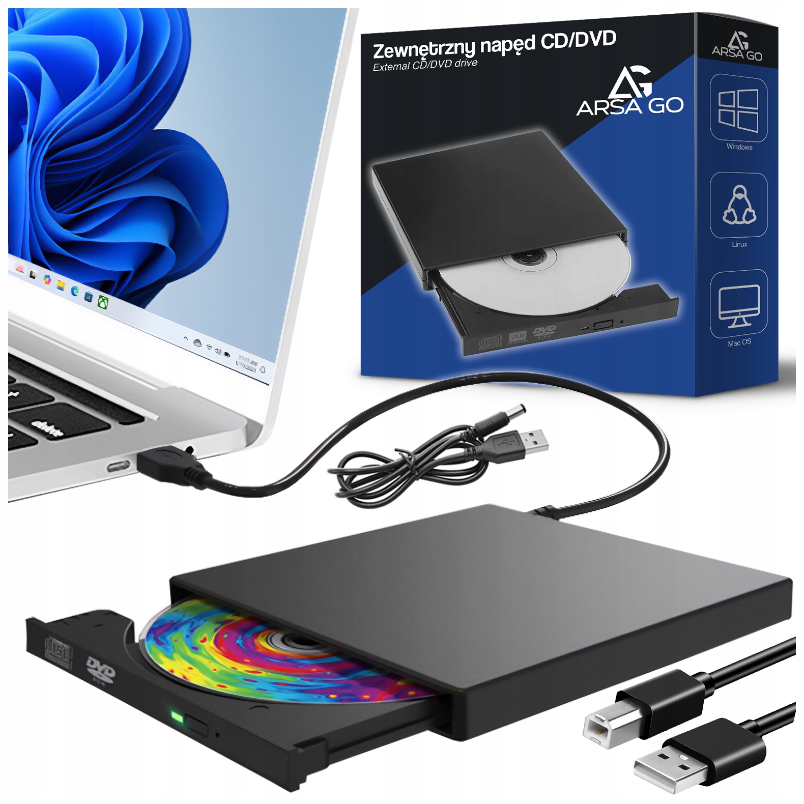 Zewnętrzny Napęd CD DVD Nagrywarka Przenośny Do Laptopa Komputera Usb Cdr