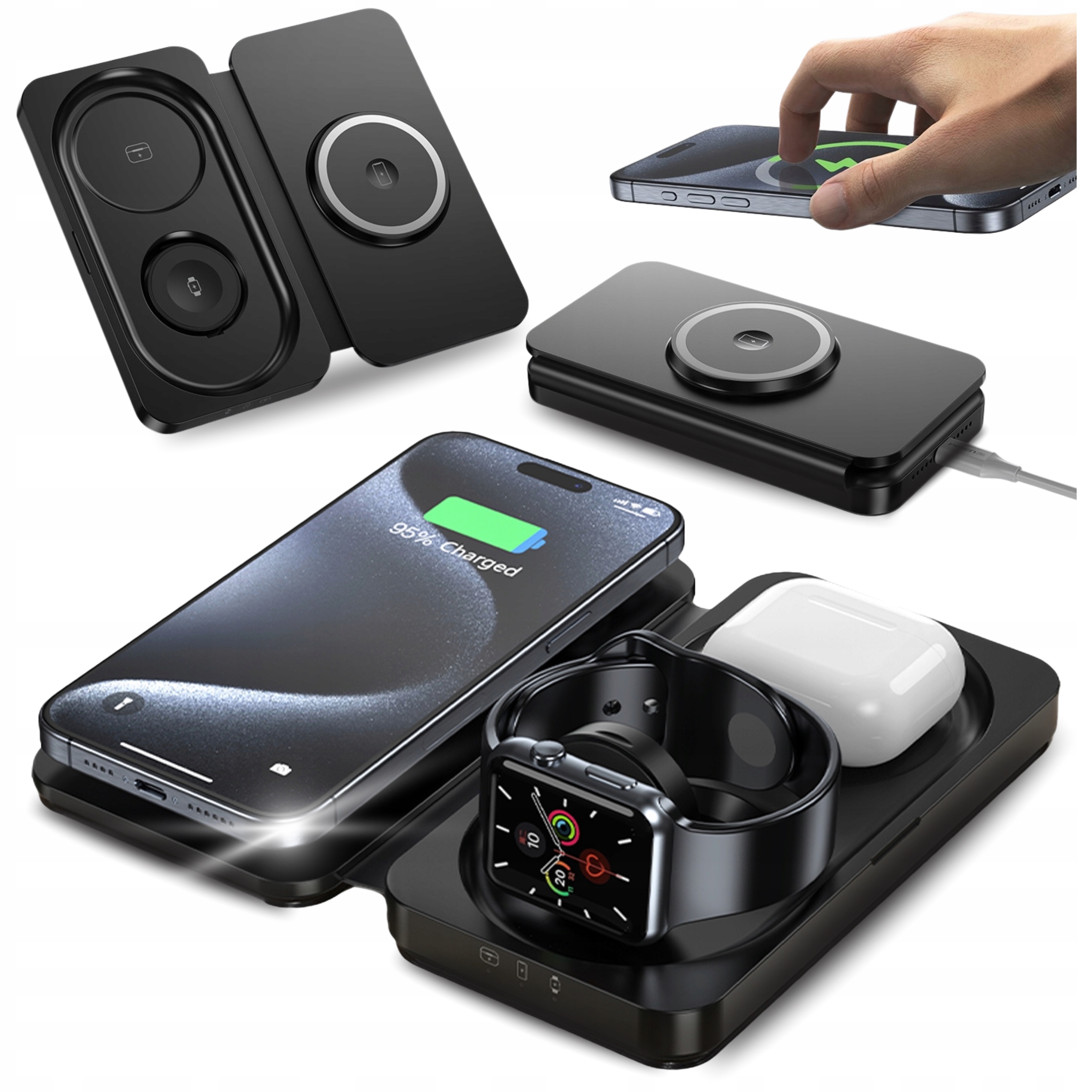 Magnetická indukční nabíječka 3v1 15W Telefon Chytré Hodinky Sluchátka