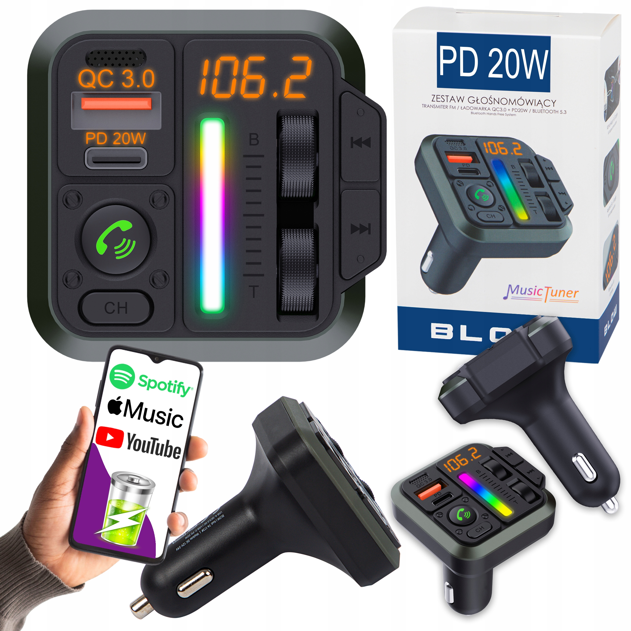 TRANSMITER BLUETOOTH 5.3 SAMOCHODOWY FM ZESTAW GŁOŚNOMÓWIĄCY QC 3.0 PD20W