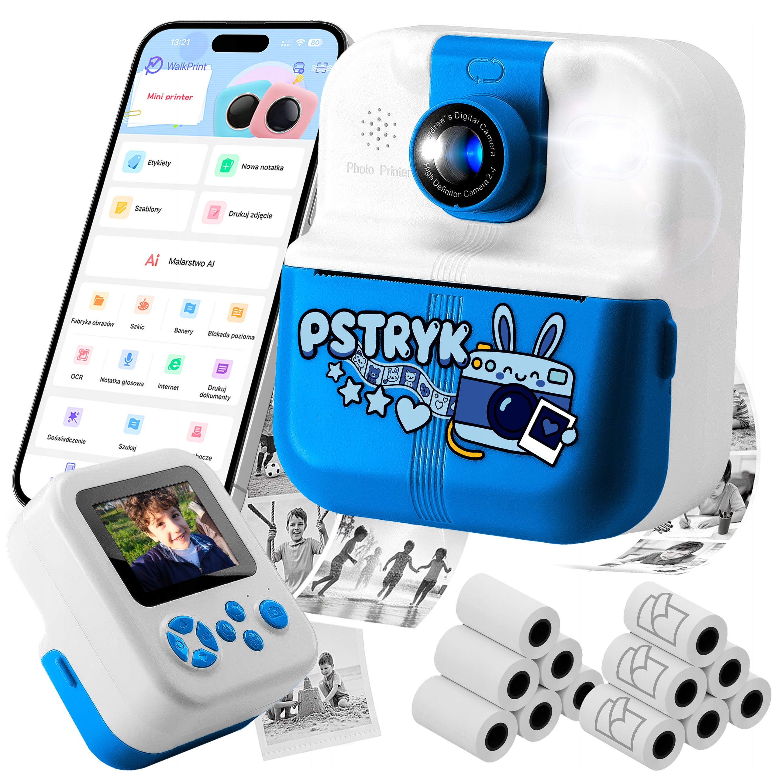 Mini Drukarka Pstryk Termiczna Aparat Natychmiastowy Dla Dzieci i 12 Rolek