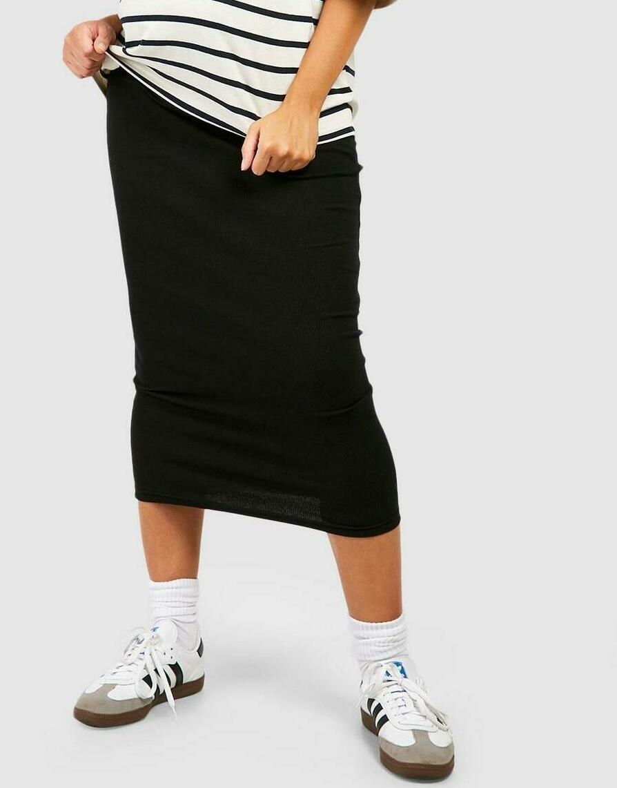 PRĄŻKOWANA DOPASOWANA BAWEŁNIANA MIDAXI SPÓDNICA KOLEKCJA CIĄŻOWA BOOHOO 38