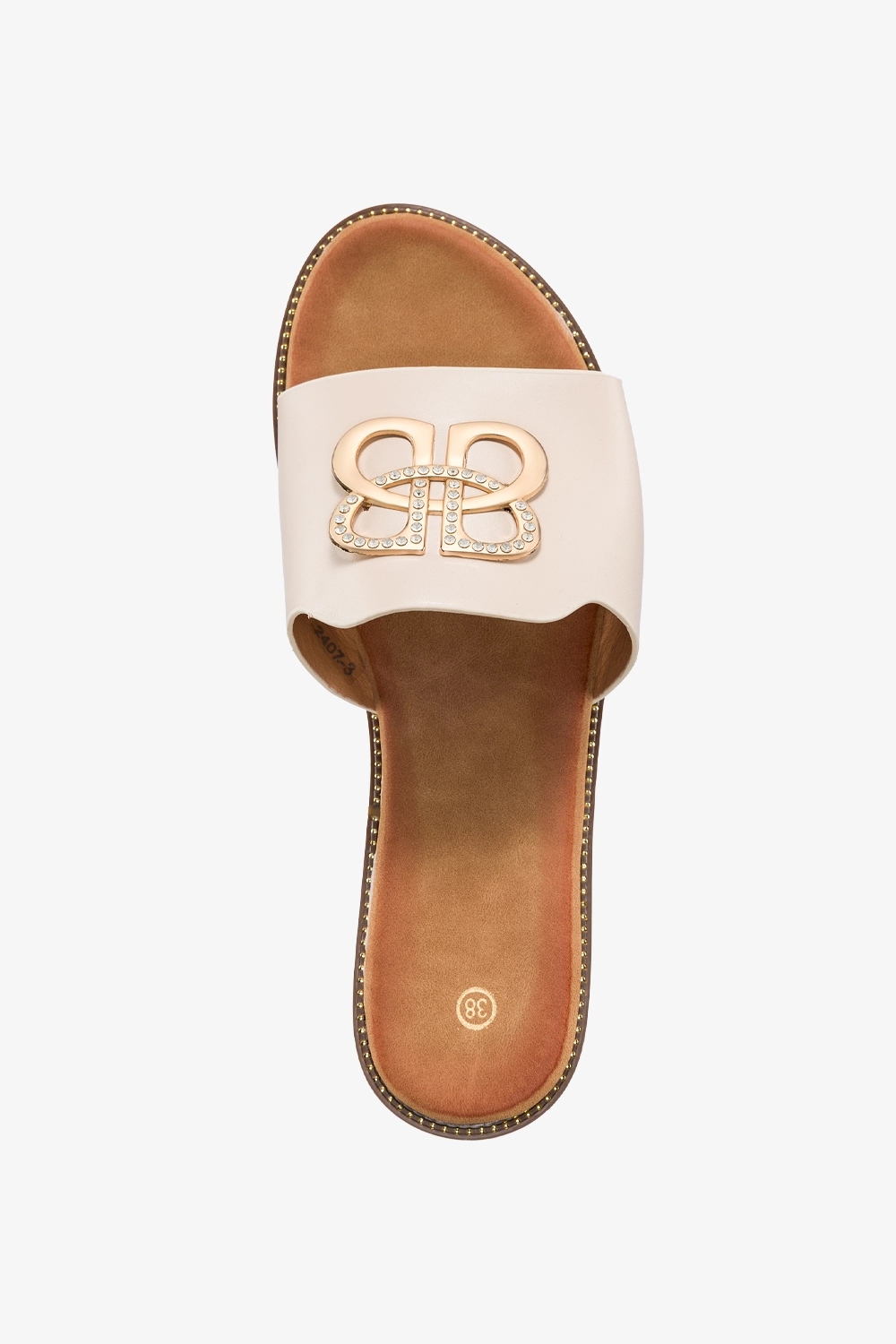 BEŻOWE KLAPKI DAMSKIE Z SZEROKIM PASKIEM ZE ZŁOTĄ OZDOBĄ PŁASKIE r 38 Rozmiar 38