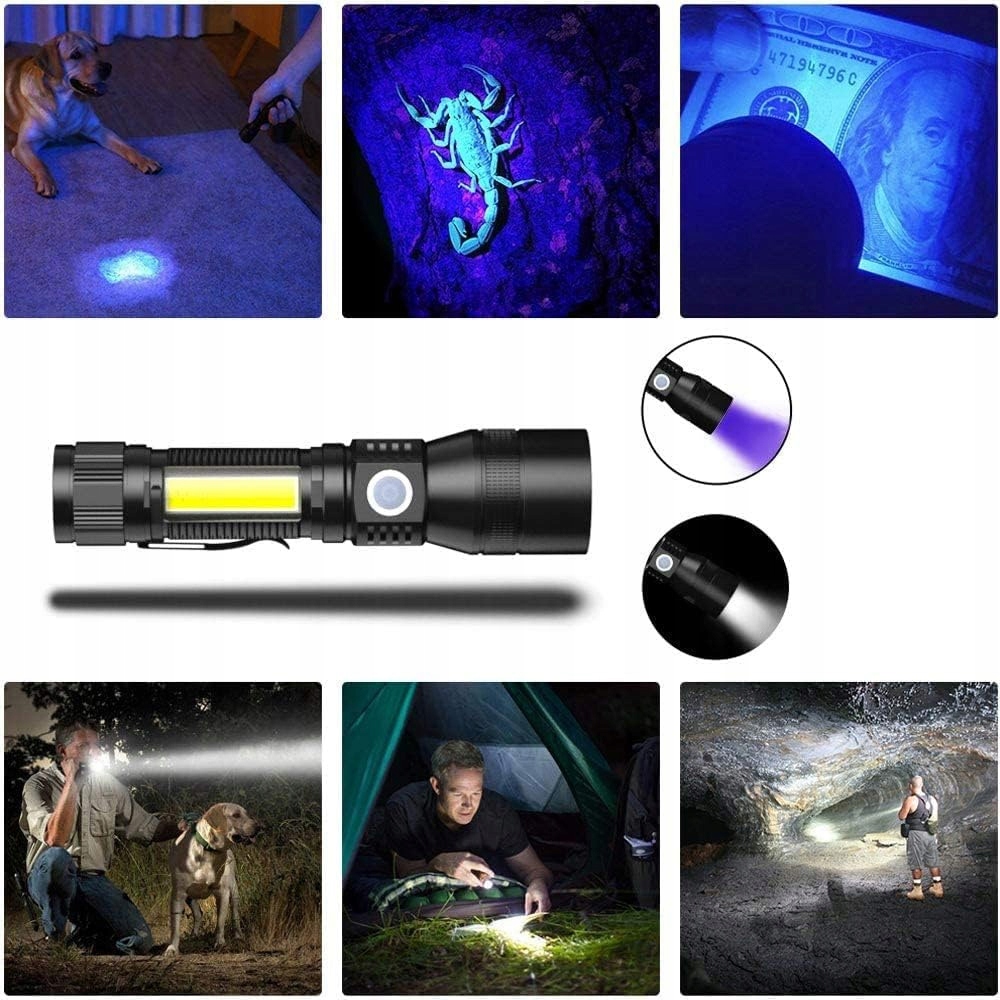 MOCNA LATARKA UV LED AKUMULATOROWA TAKTYCZNA ZOOM USB ŚWIATŁO ROBOCZE COB Marka inna marka