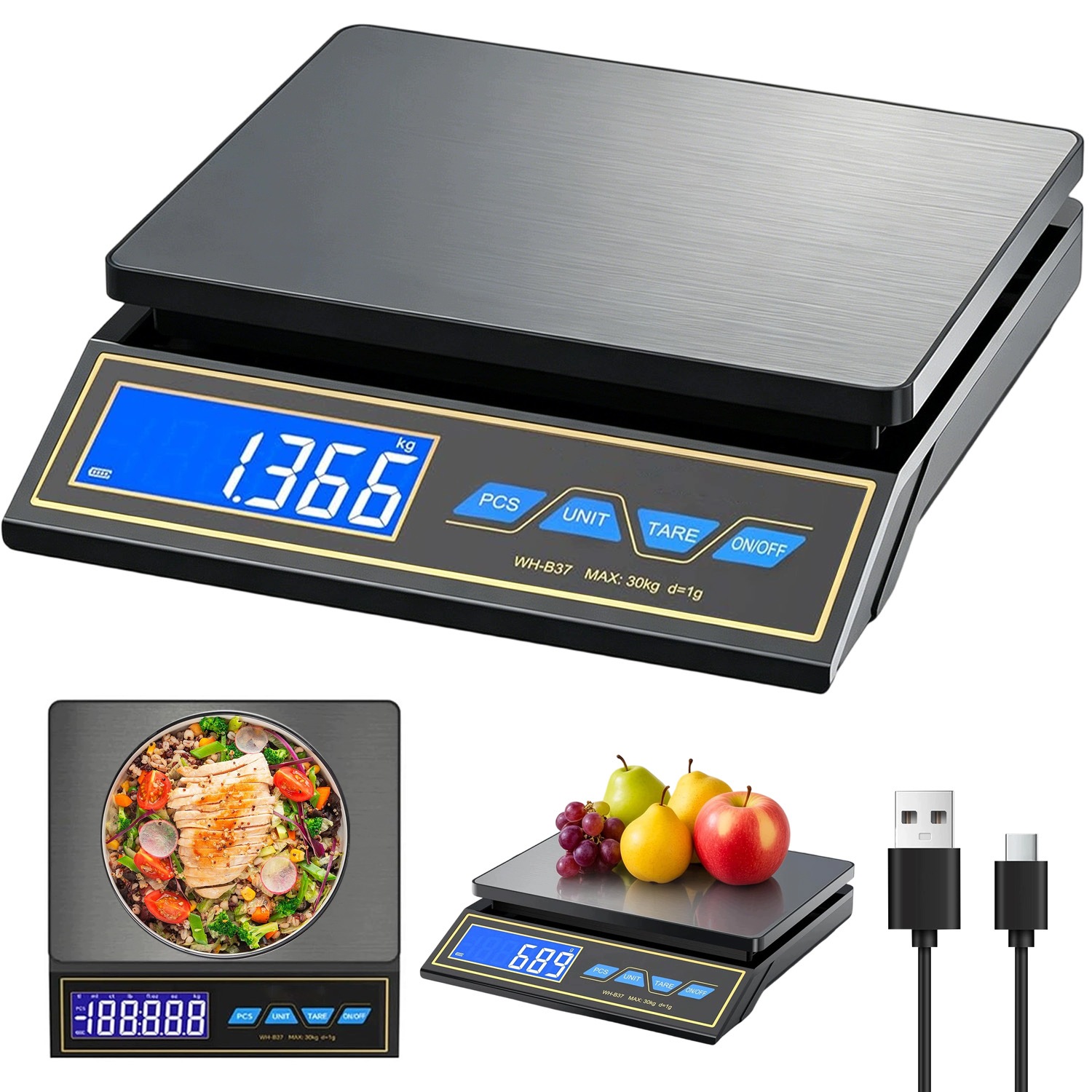 Obchodová Váha 30KG Digitální 1G Tara Usb-c Akumulátor LCD Nerezová Ocel