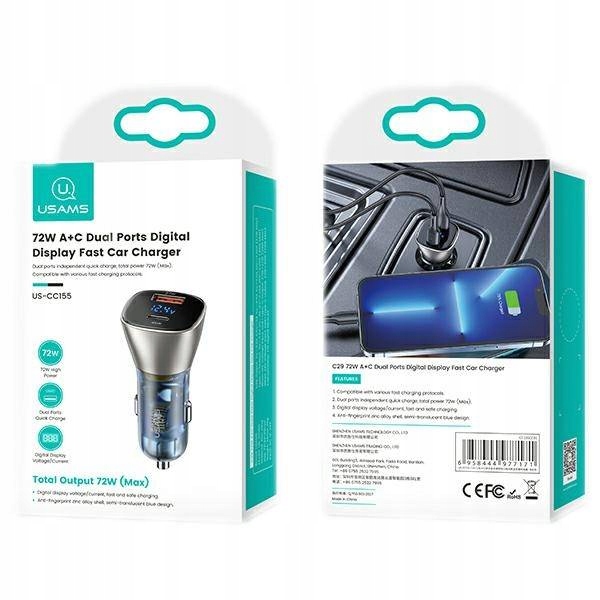 Ładowarka samochodowa USAMS 72W USB-A/USB-C Zgodność ze standardem Quick Charge 1.0 Quick Charge 2.0 Quick Charge 3.0