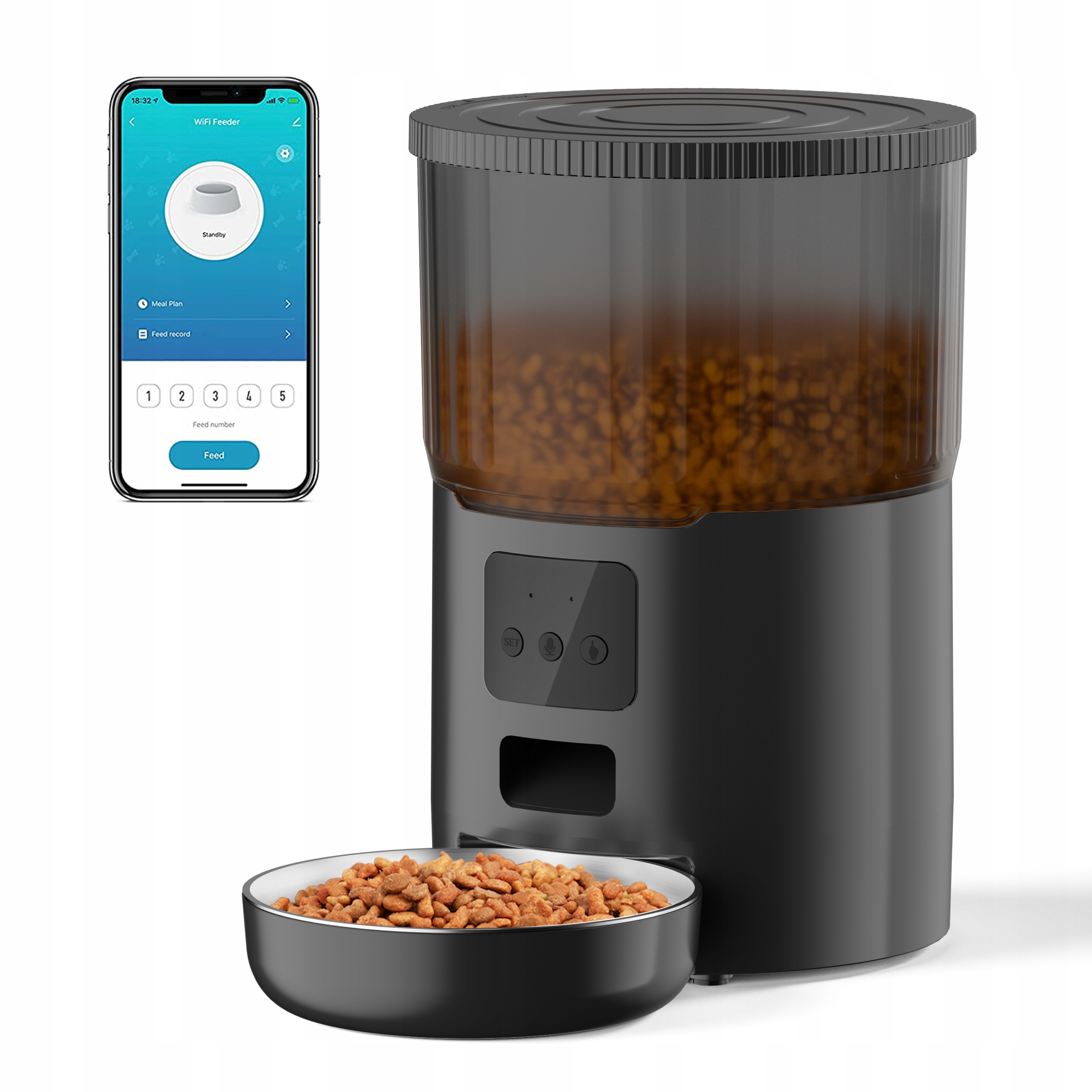 Automatický 4l krmítko pro kočky s WiFi časovačem, dávkovač suchého krmiva pro domácí mazlíčky, záznamník, černý