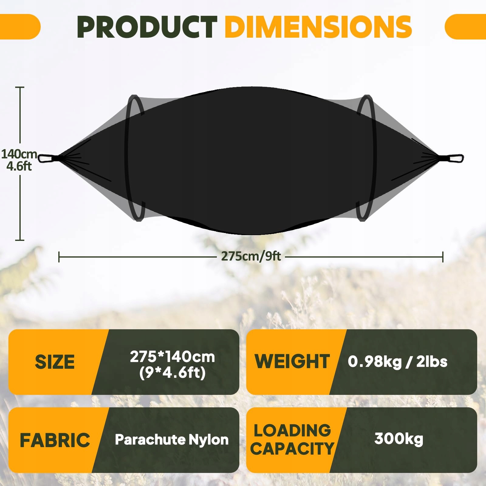 NATUREFUN Ultralekki Hamak Campingowy Z Moskitierą 300 kg Nylon Czarny — miniatura 3