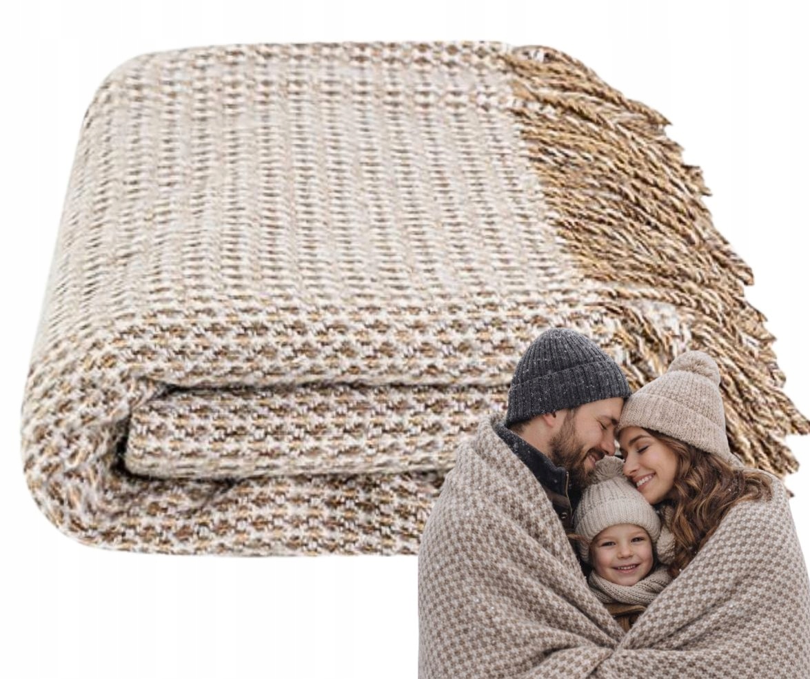 Arc Miękki Koc 140x200 kratka Kapa lekki Beżowy Ciepły narzuta