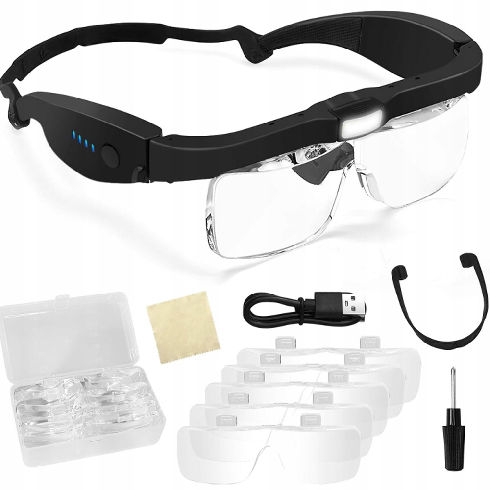 OKULARY POWIĘKSZAJĄCE LUPA NAGŁOWNA ZEGARMISTRZOWSKA LED + 5 SOCZEWKI