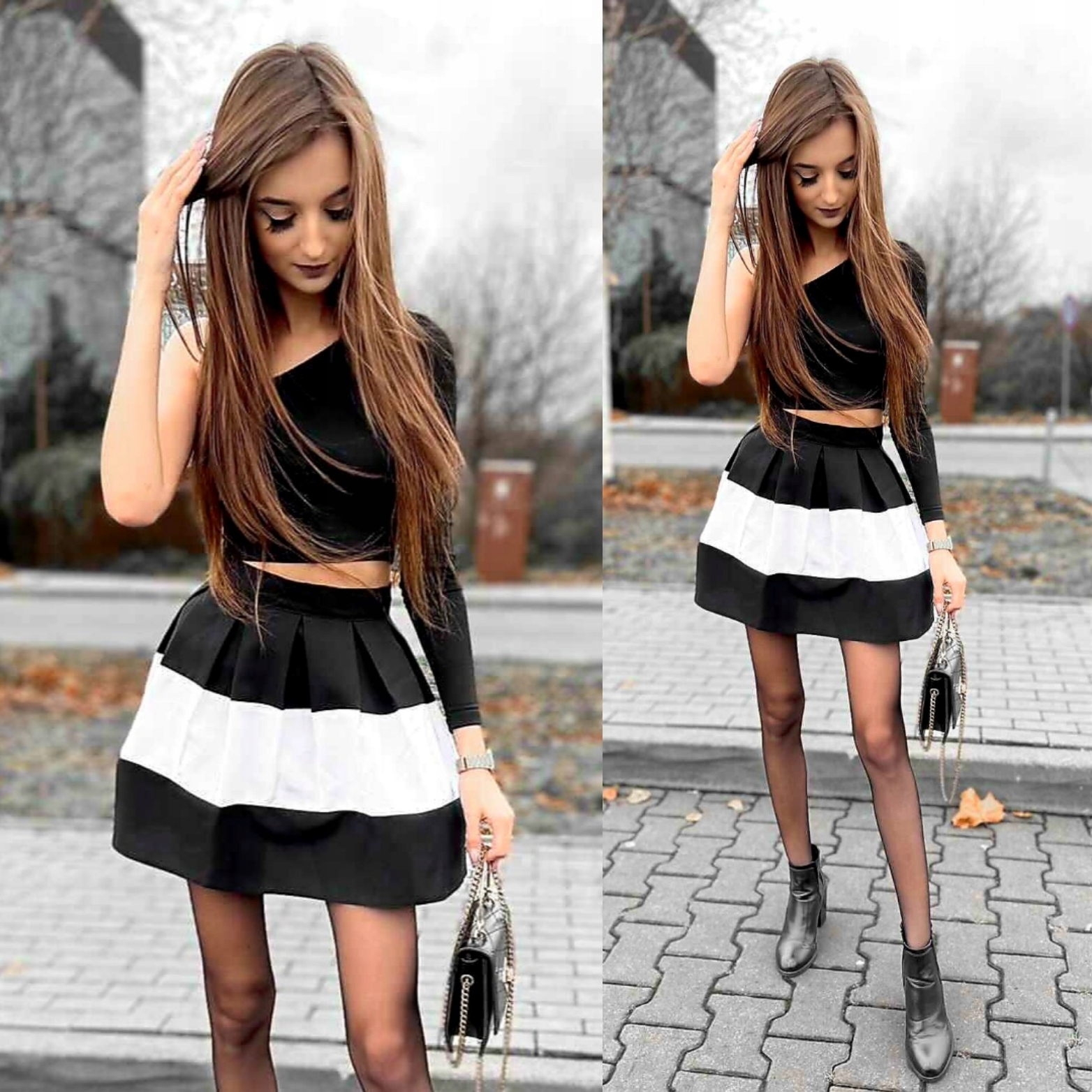 SPÓDNICZKA MINI w PASY CZARNO BIAŁA ROZKLOSZOWANA w ZAKŁADKI M Marka inna