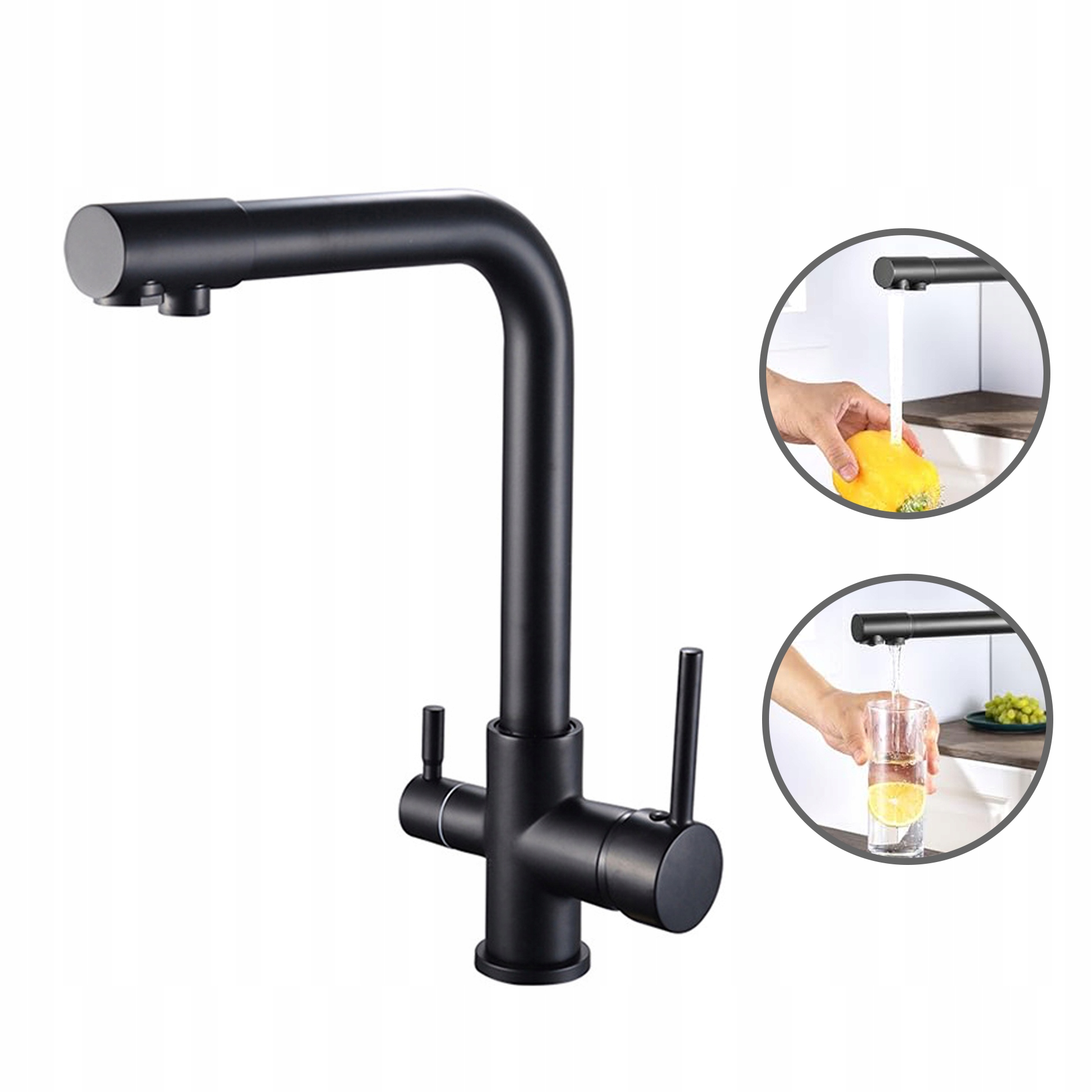 Třícestná Kuchyňská Baterie S Otočným Výtokem, Filtr Černý Mat