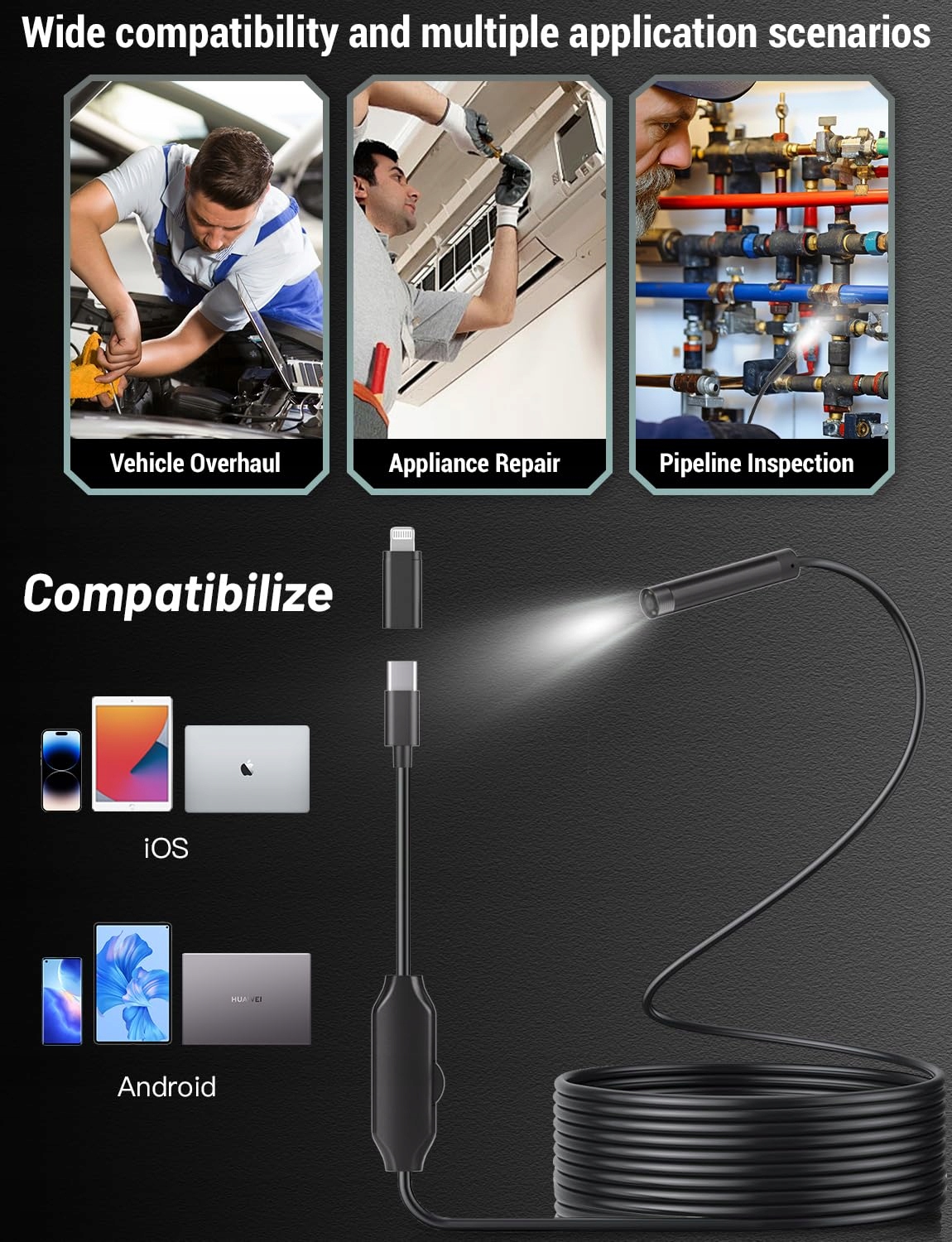 ENDOSKOPKAMERA HD 1920P 5M INSPEKCYJNA 8 LED IP67 TYP C ANDROID IOS — miniatura 5