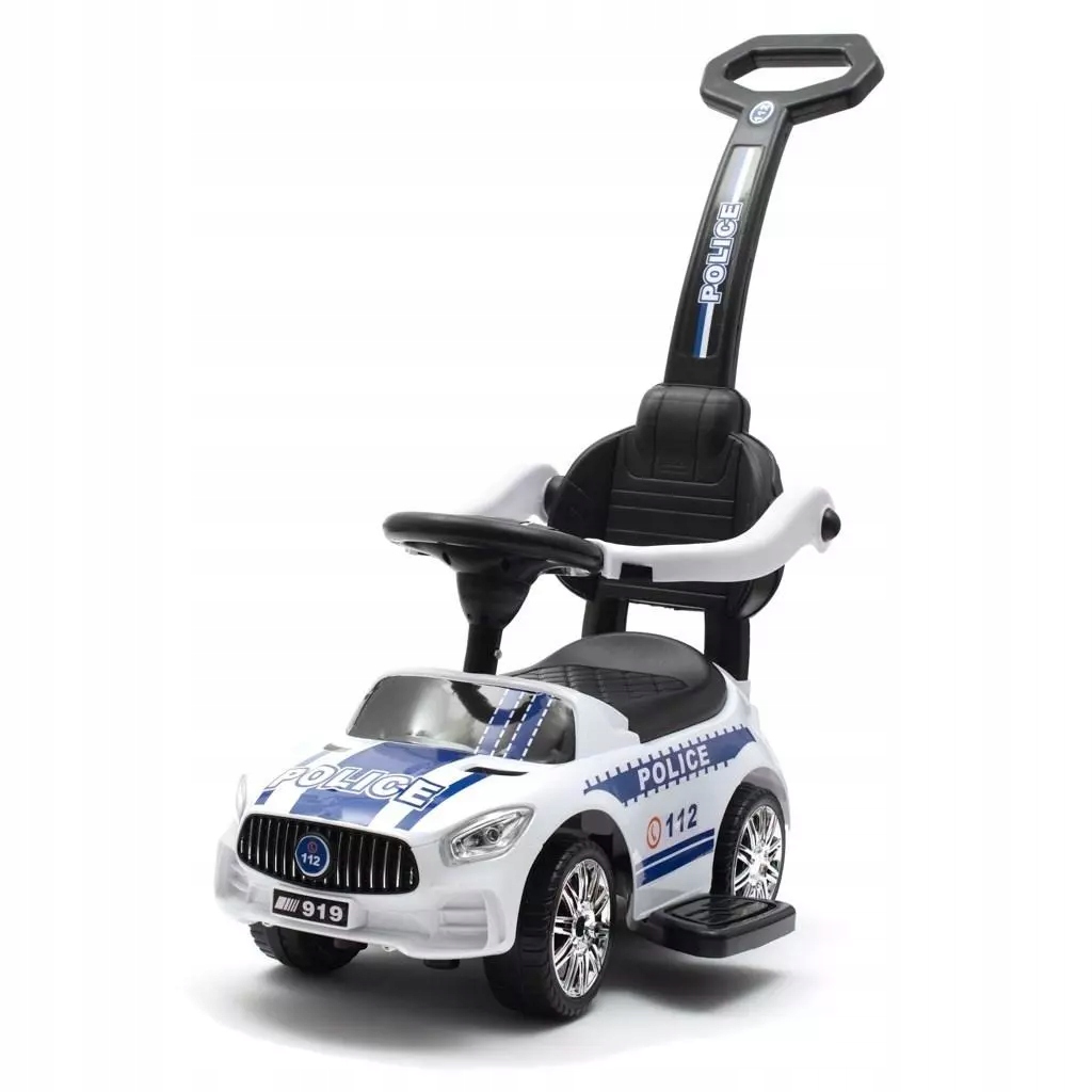 Jeździk z dźwiękiem i rączką Police Biały. Baby mix