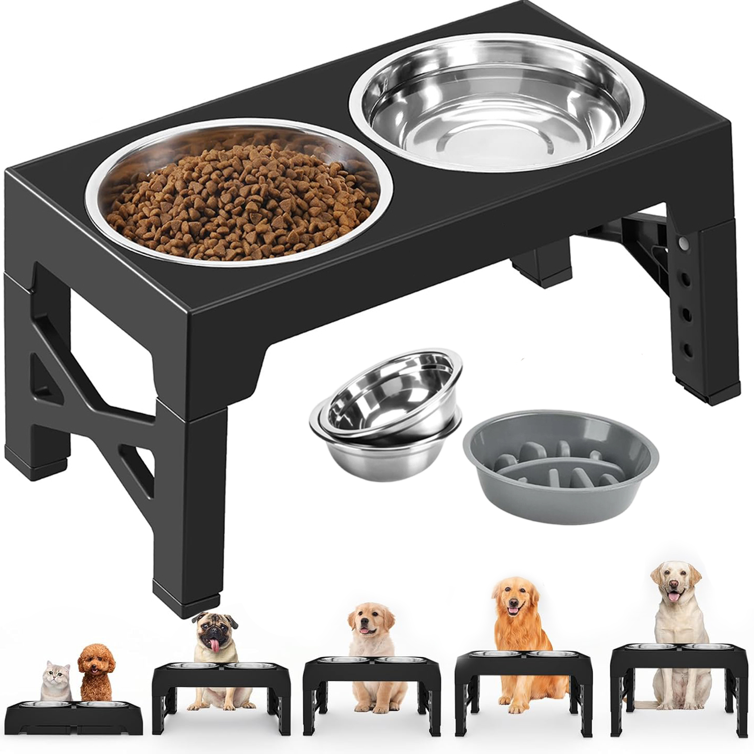 Levně Dvojitá Miska Misky Nepostříkající, Nastavitelná Výška, Černá 2V1