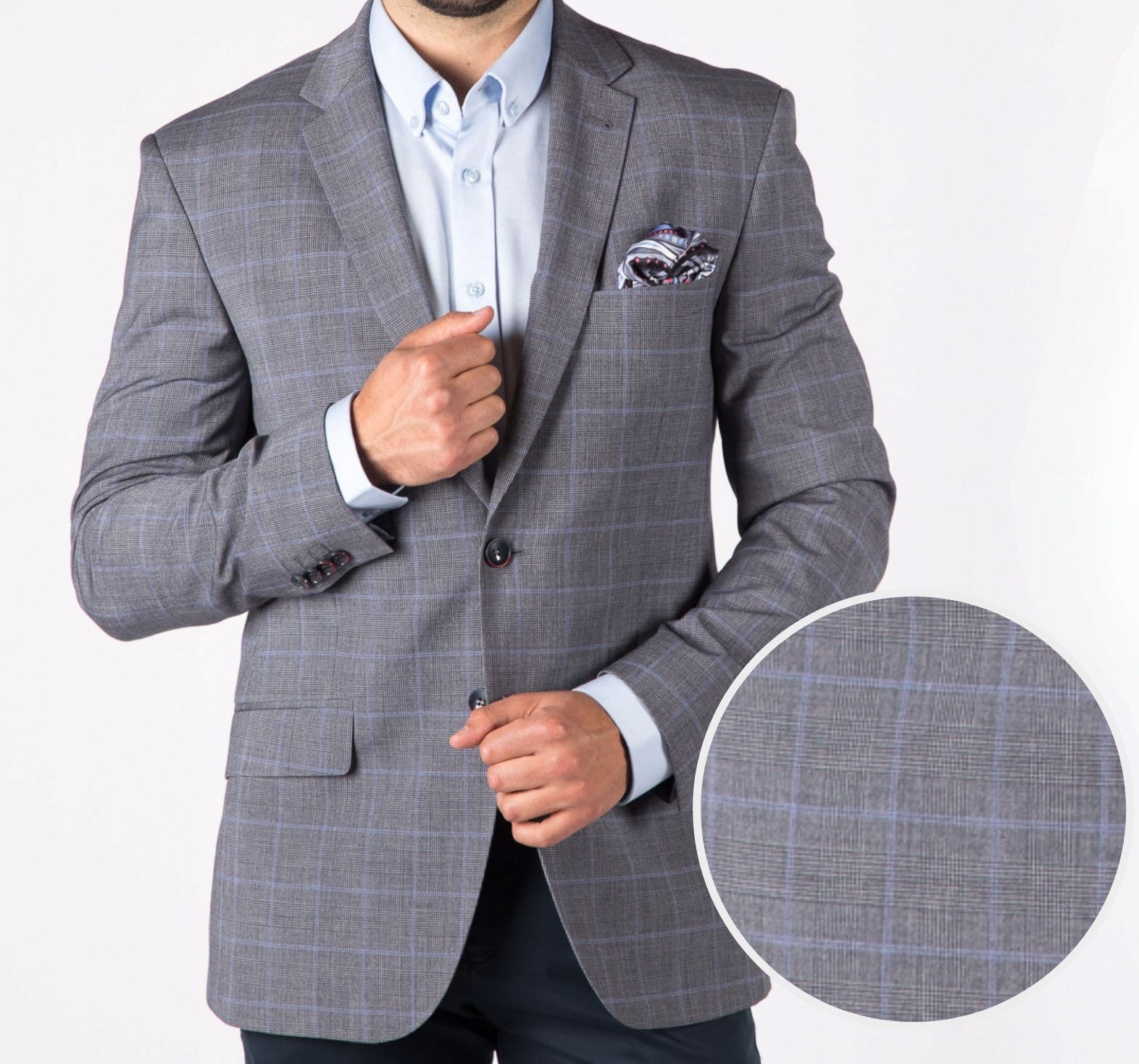 Marynarka męska szara w niebieską kratę 182/104 Cenowy