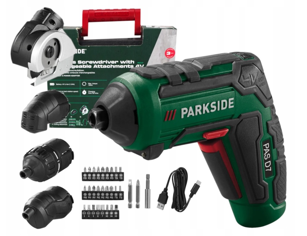 Parkside Pas D7 Šroubovák 4 nástavce Řezací úhlová 28 bitů Kufr, Usb-c