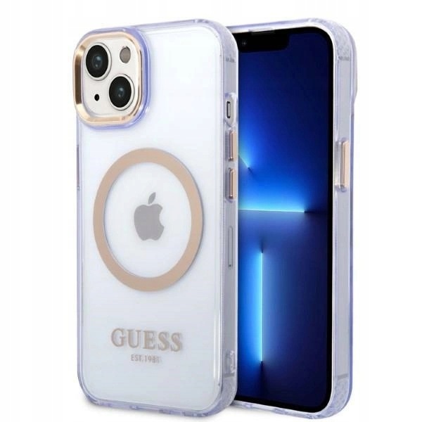 Etui Guess Gold Outline Translucent MagSafe na iPhone 14 purpurowe