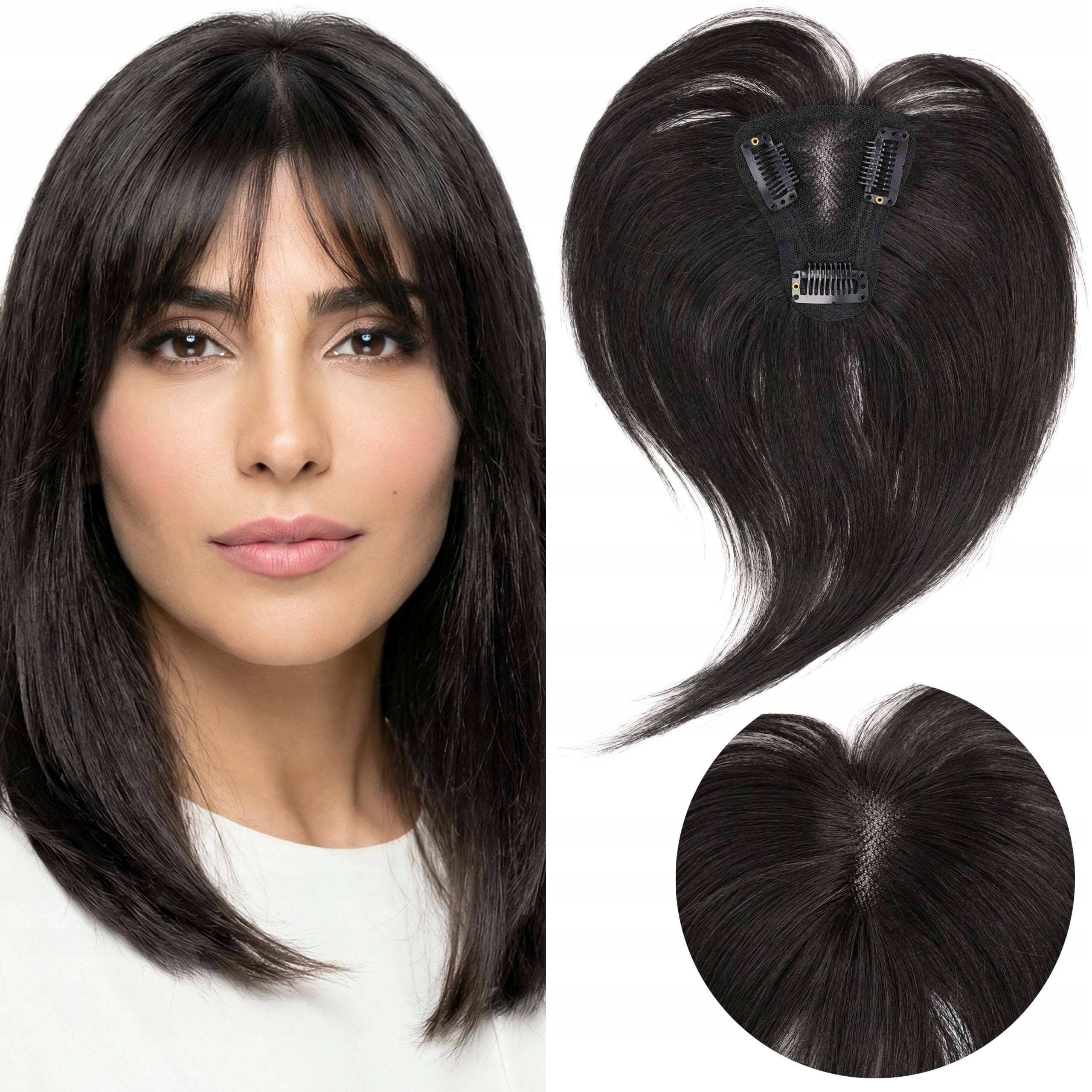 Topper Tupet z Włosów Naturalnych azjatyckich Clipin Klipsy grzywka czarny