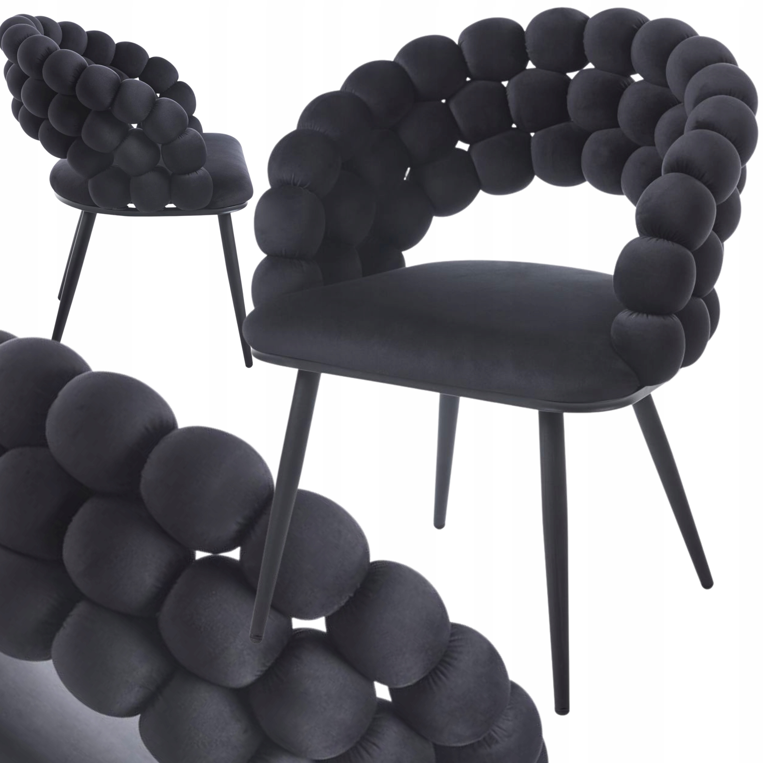 Krzesło Czarne Velvet Plecione Pompony Bubble Do Stołu Toaletki Biurka