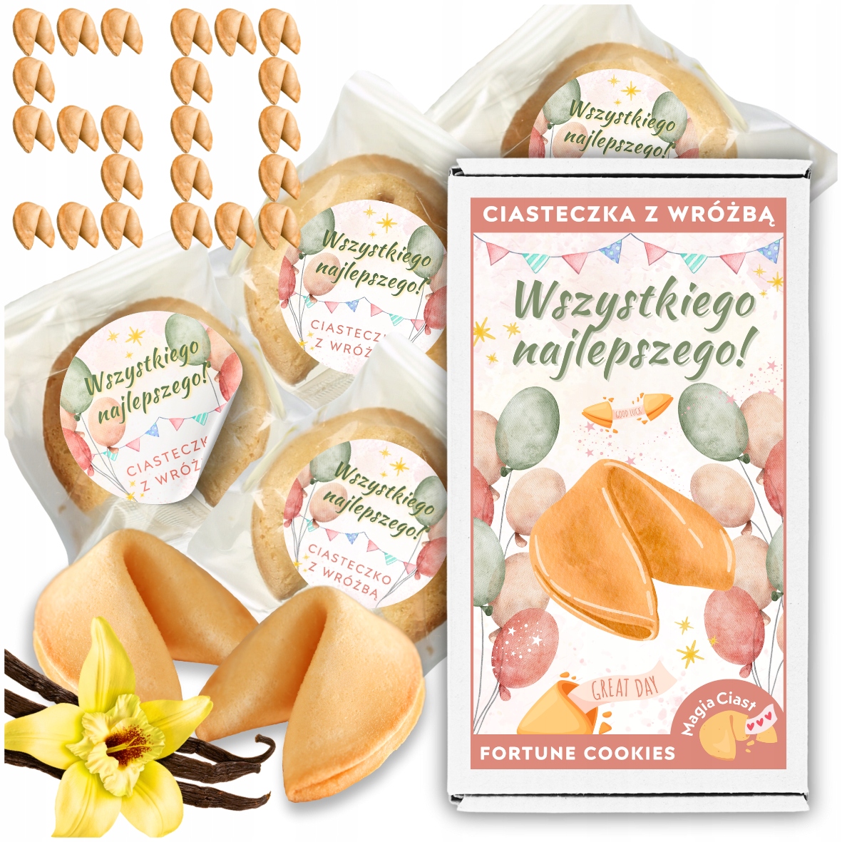 Chińskie Ciasteczka z Wróżbą Wszystkiego Najlepszego Magia dla gości 50 szt