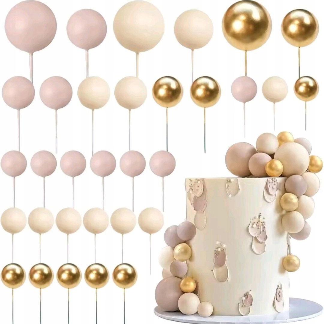 ТОППЕР ШАРЫ ЭКРЮ БЕЖЕВЫЙ КОФЕ ЛАТТЕ ЗОЛОТЫЕ ШАРЫ НА ПИКЕ ТОРТ 745F