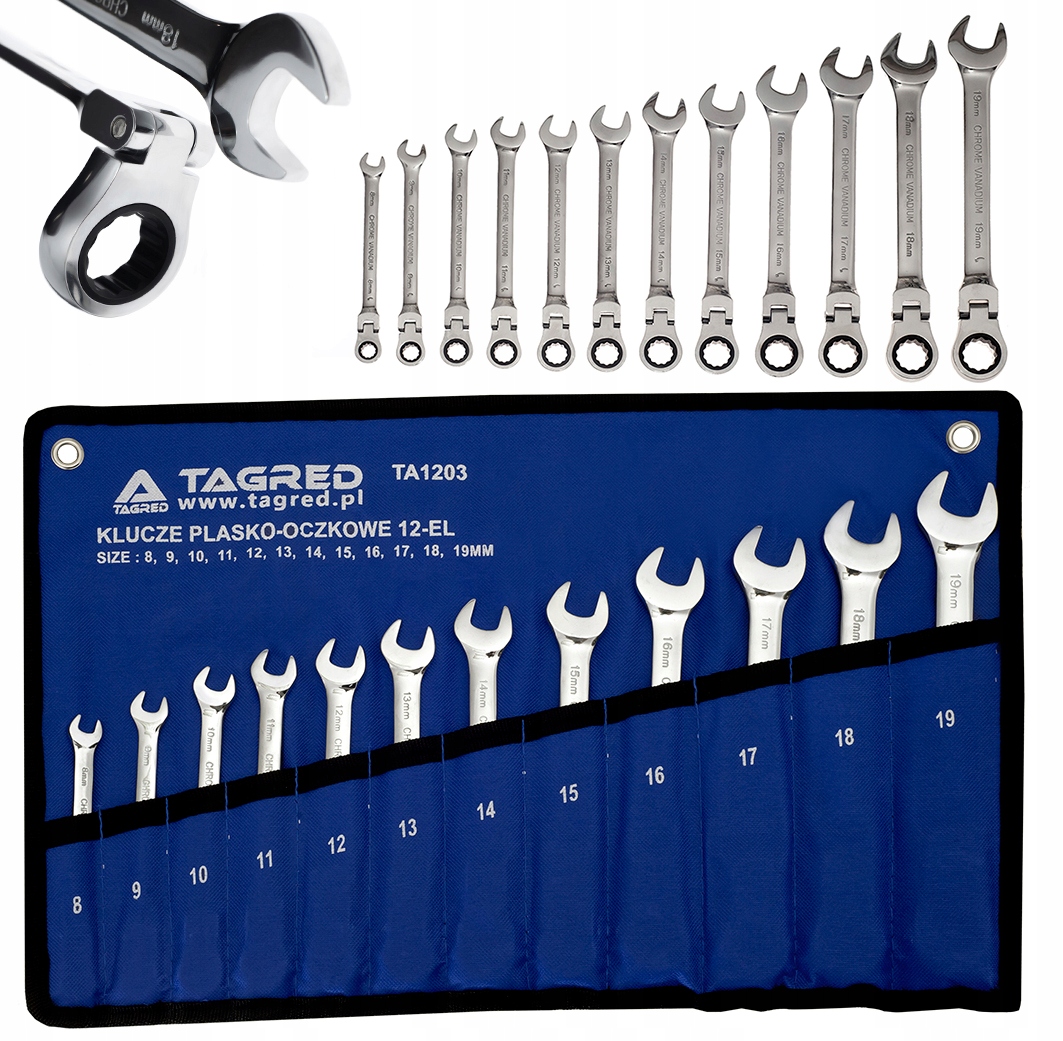 Klucze płasko-oczkowe łamane z grzechotką 12 el. 8-19 mm na płachcie CrV