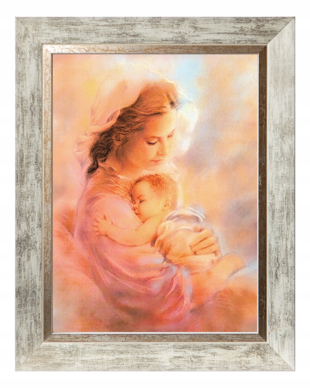 Matka Boží S Dítětem Náboženský Obraz V Bílém Ozdobném Rámu 30X40