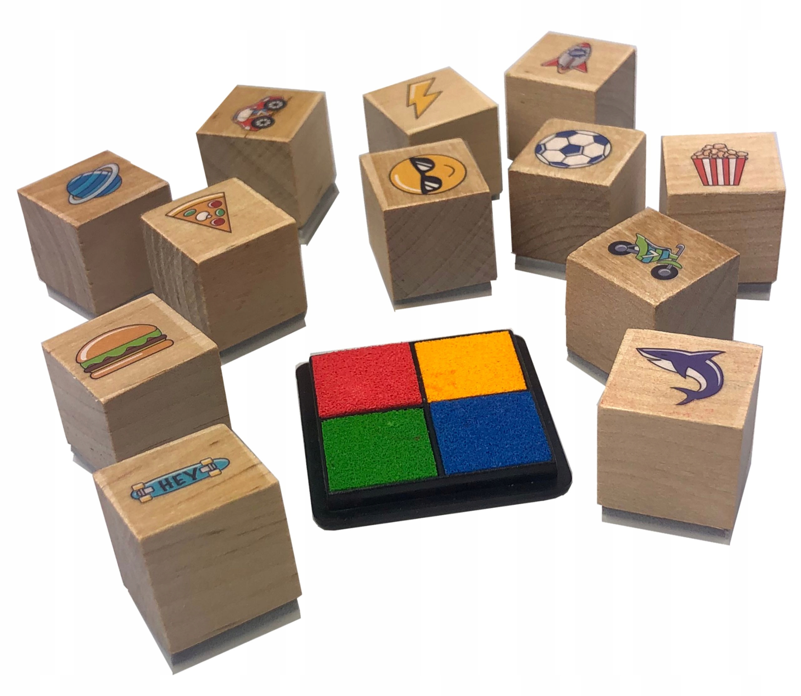 12 x PIECZĄTKI STEMPELKI DREWNIANE 4 KOLORY TUSZU Kod producenta 610358