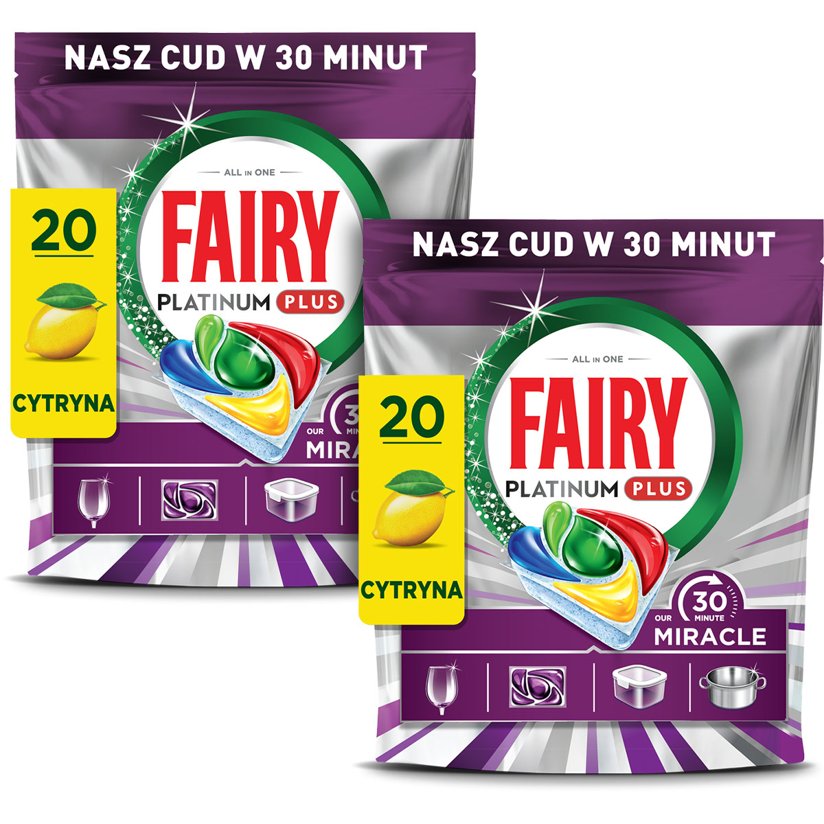 Zestaw 2x Fairy Our 30 Minute Miracle Platinum Plus Do Zmywarki, 20 sztuk