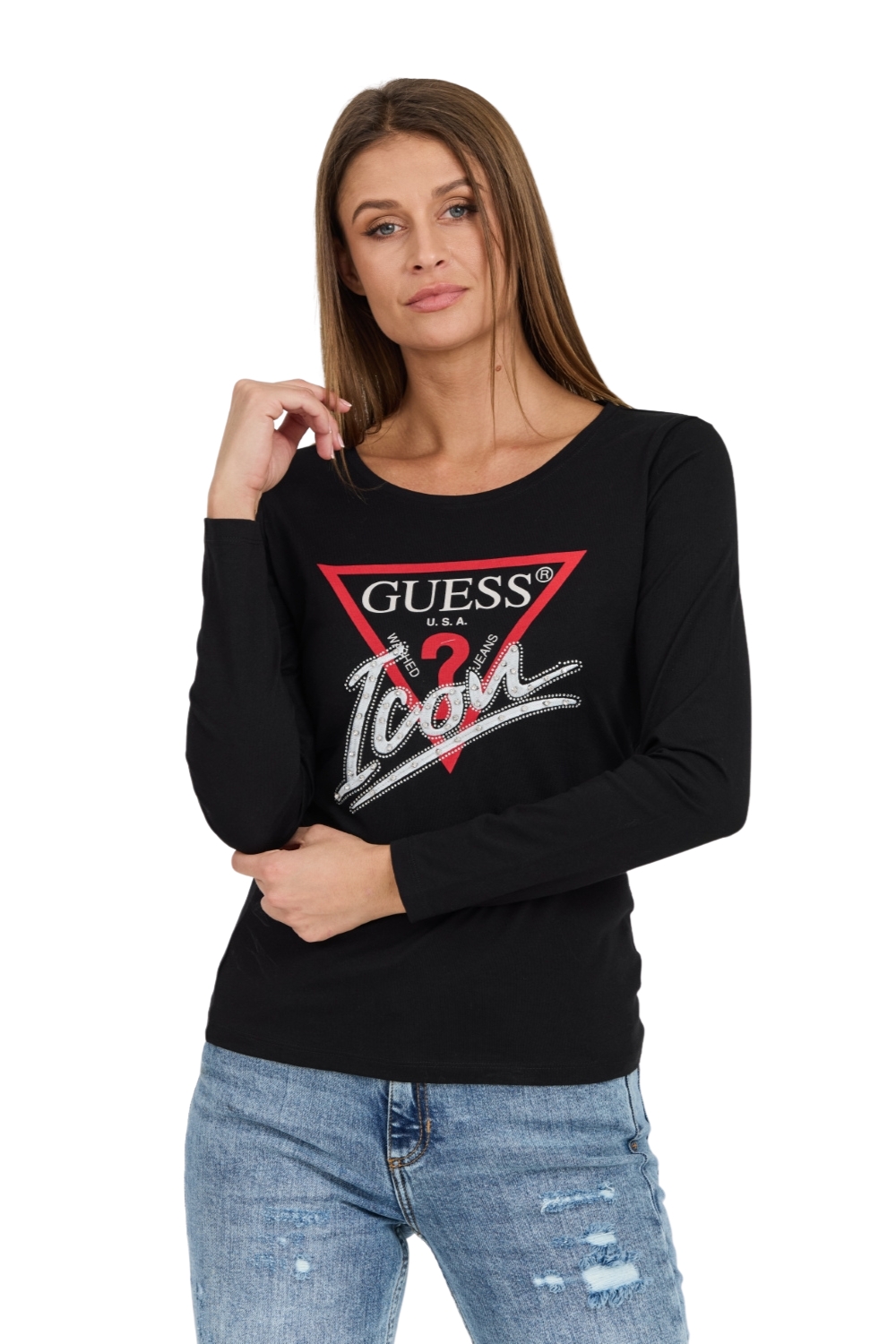 Guess Černý dámský dlouhý rukáv Icon Tee s velkým logem M