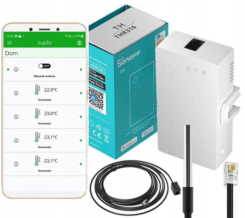 Termostat WiFi Supla Sonoff THR316 Snímač Teploty 1x2m Prodlužovačka 5 m