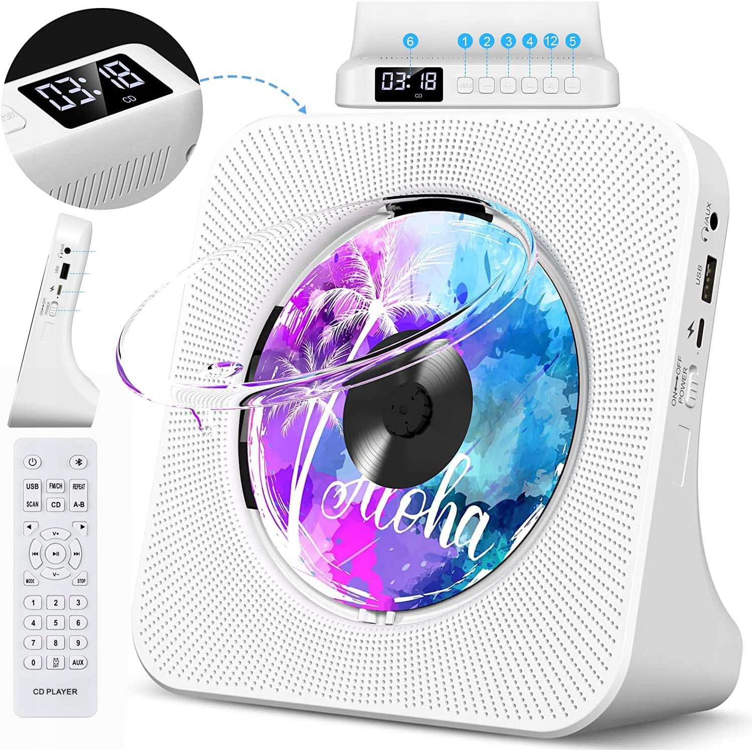Přenosný CD Přehrávač A Bluetooth Reproduktor Dárek S Konektorem Bílý