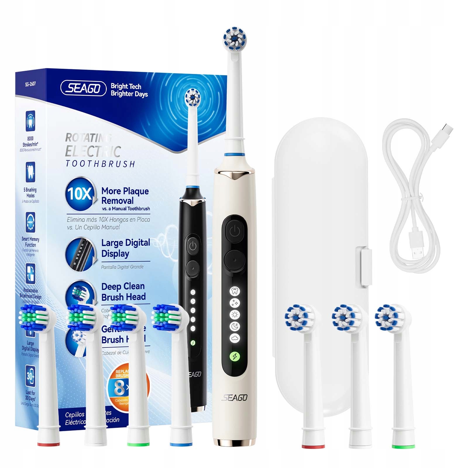 Szczoteczka do zębów Elektryczna Seago SG-2607 z etui i 8 końcówkami beżowa