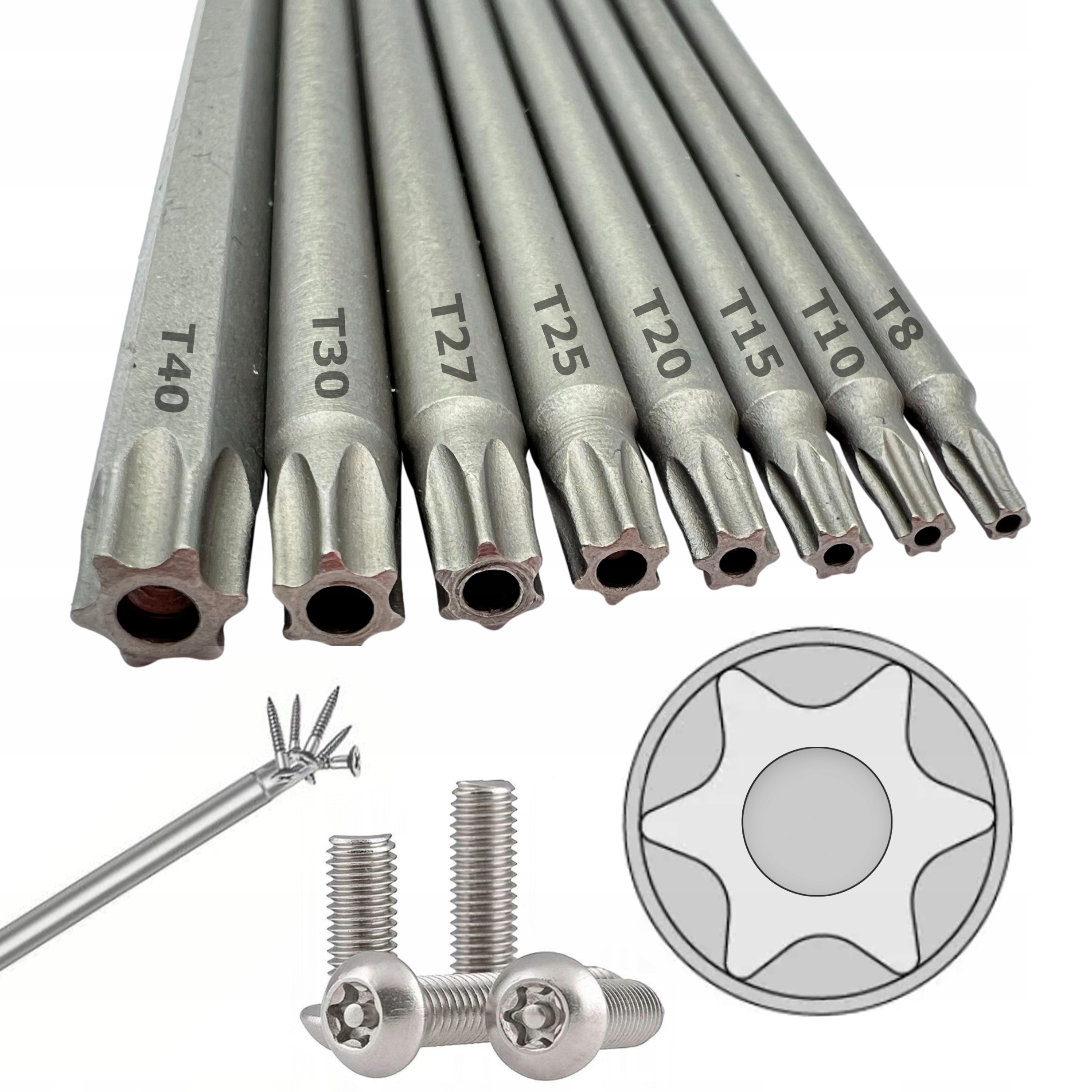 Zestaw długich bitów magnetycznych Torx T8 T10 T15 T20 T25 T27 T30 T40 8szt