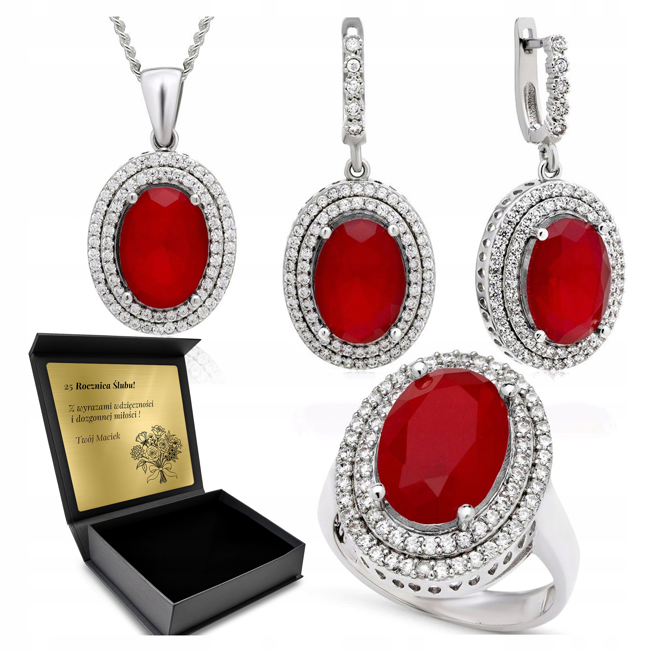 Sada Stříbrných Šperků 925 Zirkony Rubín Sada Pro Ženu Gravírování