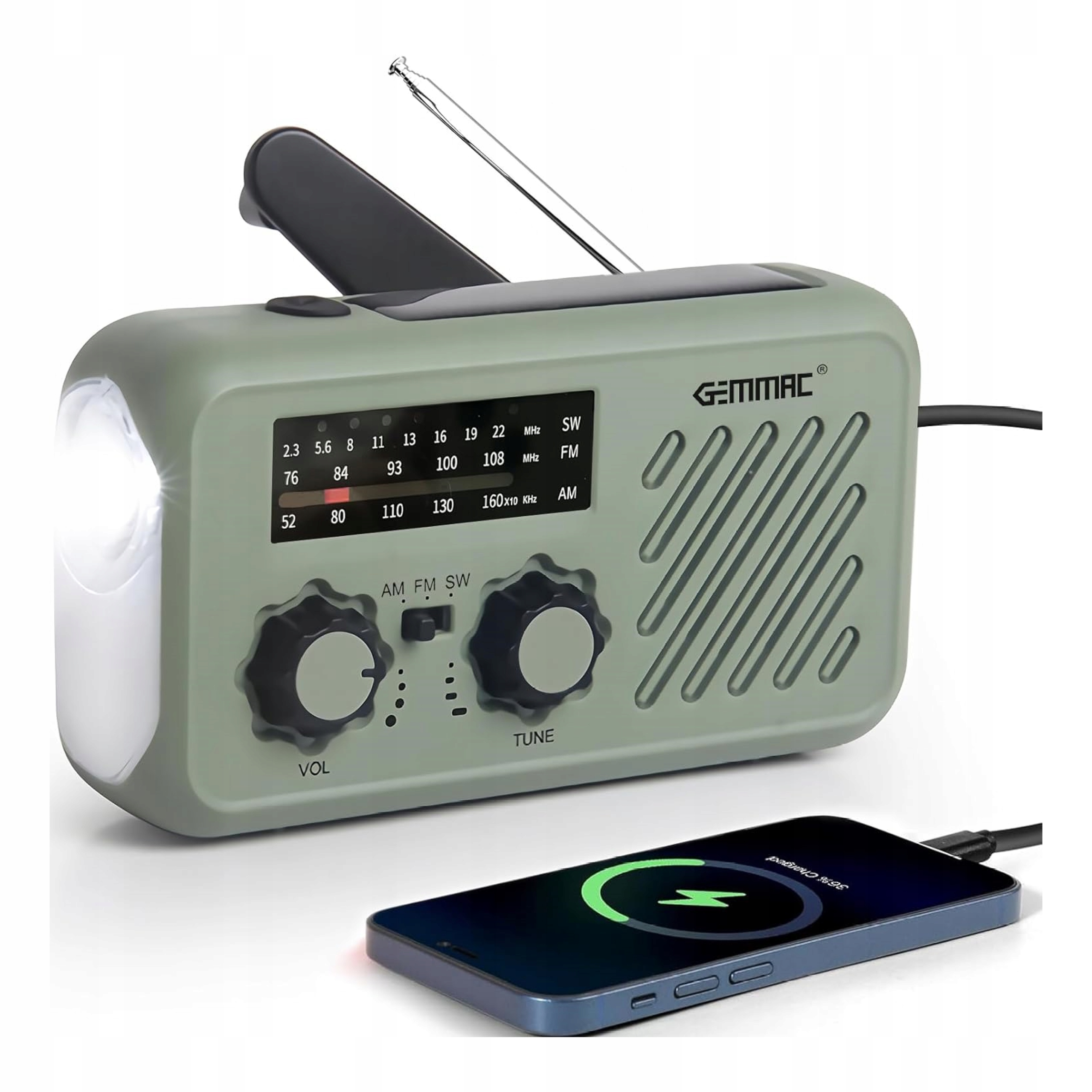 Přenosné Rádio Na Kliku Fm Solární Dynamo Svítilna Gemmac Zelená
