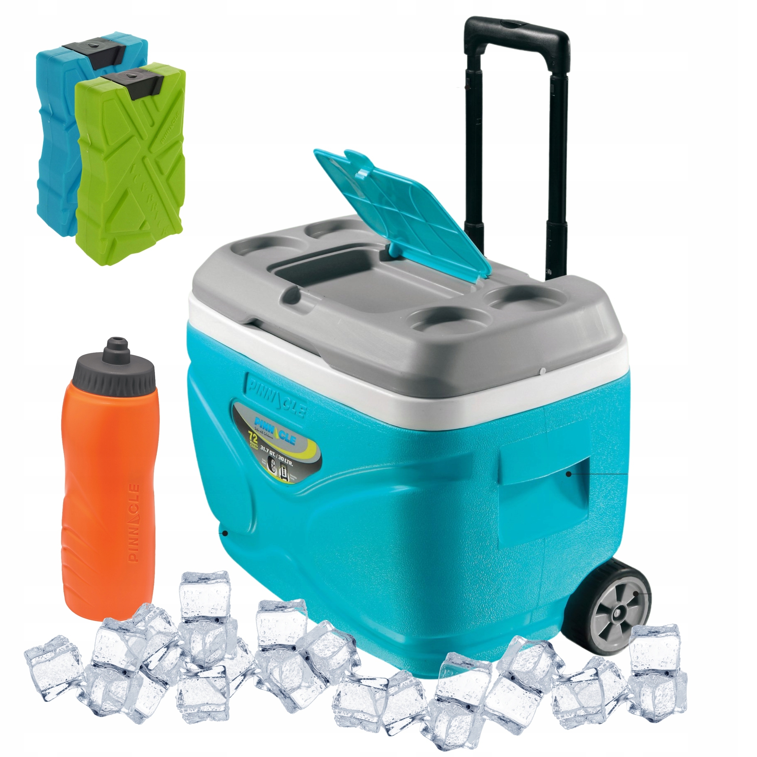 Turistická lednice na kolečkách Pinnacle 30L modrá 2 chladicí vložky 330ml lahev na pití 1L