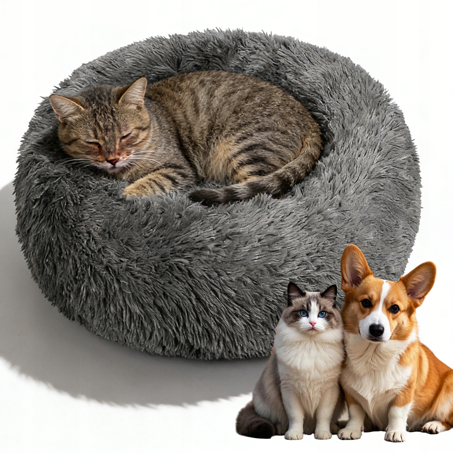 Levně Kulaté Plyšové Pelíšek Pro Psy A Kočky, Nadýchané Pelíšek Tmavě Šedé Barvy